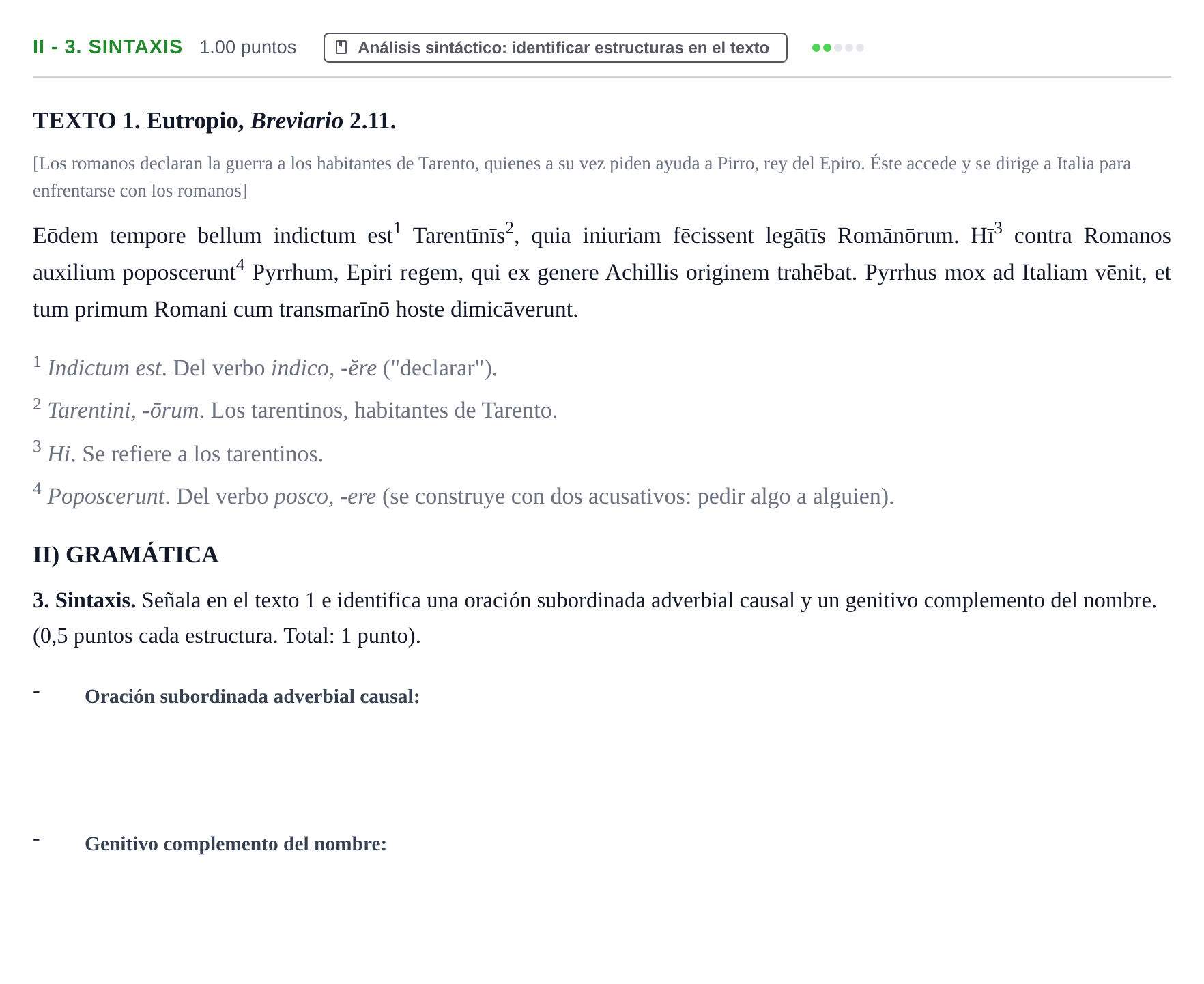 Enunciado: Ejercicio II - 3. Sintaxis · Latín II PAU Extremadura Extraordinaria 2024