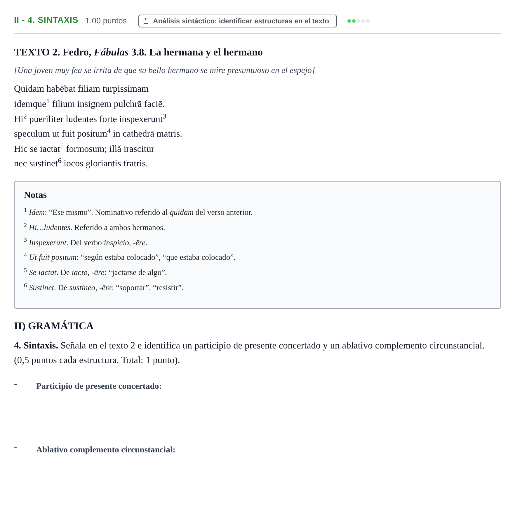 Enunciado: Ejercicio II - 4. Sintaxis · Latín II PAU Extremadura Extraordinaria 2024