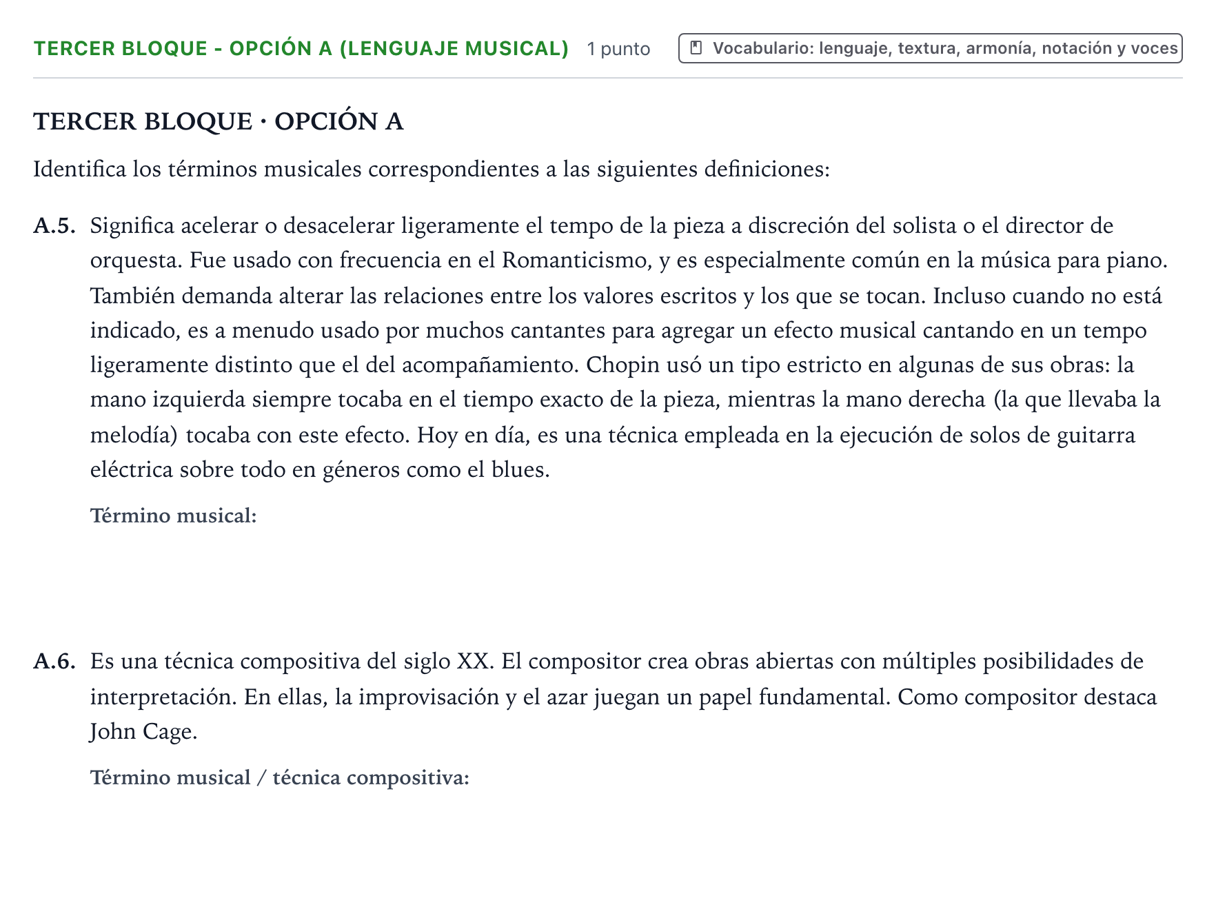 Enunciado: Ejercicio Tercer Bloque - Opción A (Lenguaje musical) · Análisis Musical II PAU Extremadura Ordinaria 2024
