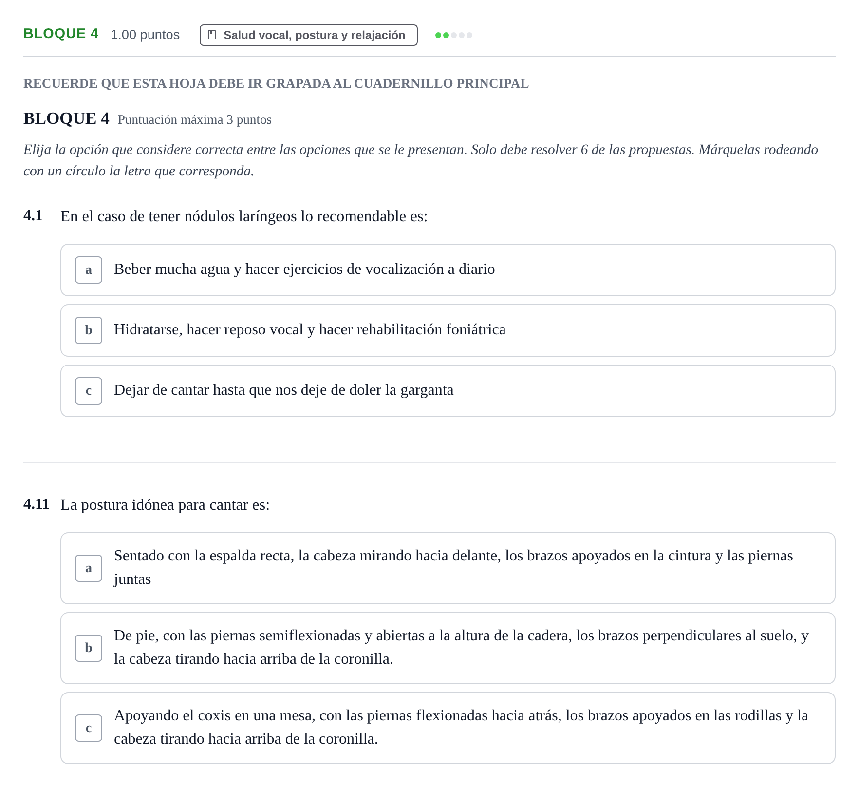 Enunciado: Bloque 4 - Salud vocal, postura y relajación · Coro y Técnica Vocal PAU Extremadura Extraordinaria 2024