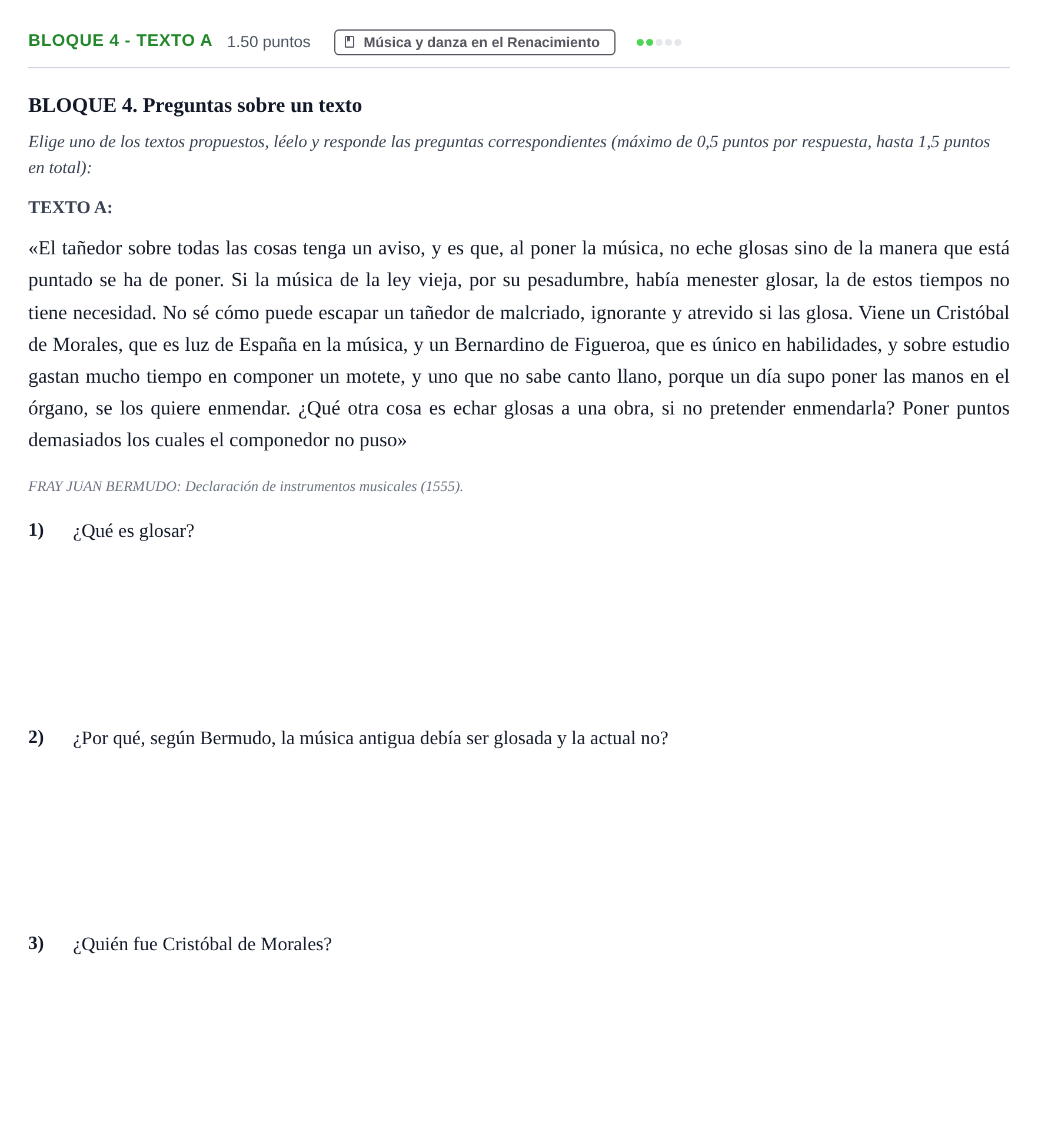 Enunciado: Bloque 4 - Texto A · Historia de la Música y de la Danza PAU Extremadura Ordinaria 2024