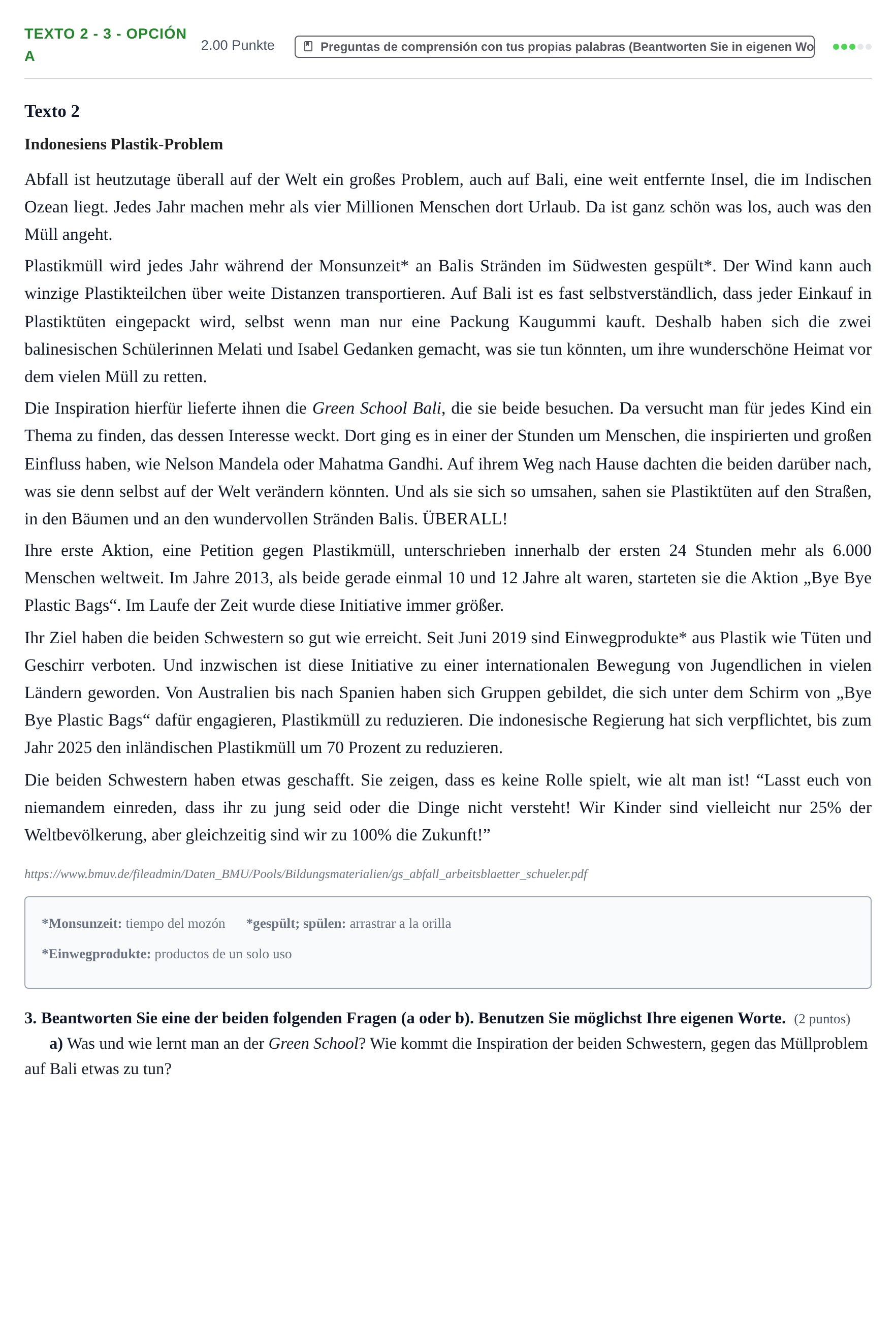 Enunciado: Ejercicio Texto 2 - 3 - Opción A · Alemán PAU Asturias Ordinaria (2ª lengua extranjera) 2023