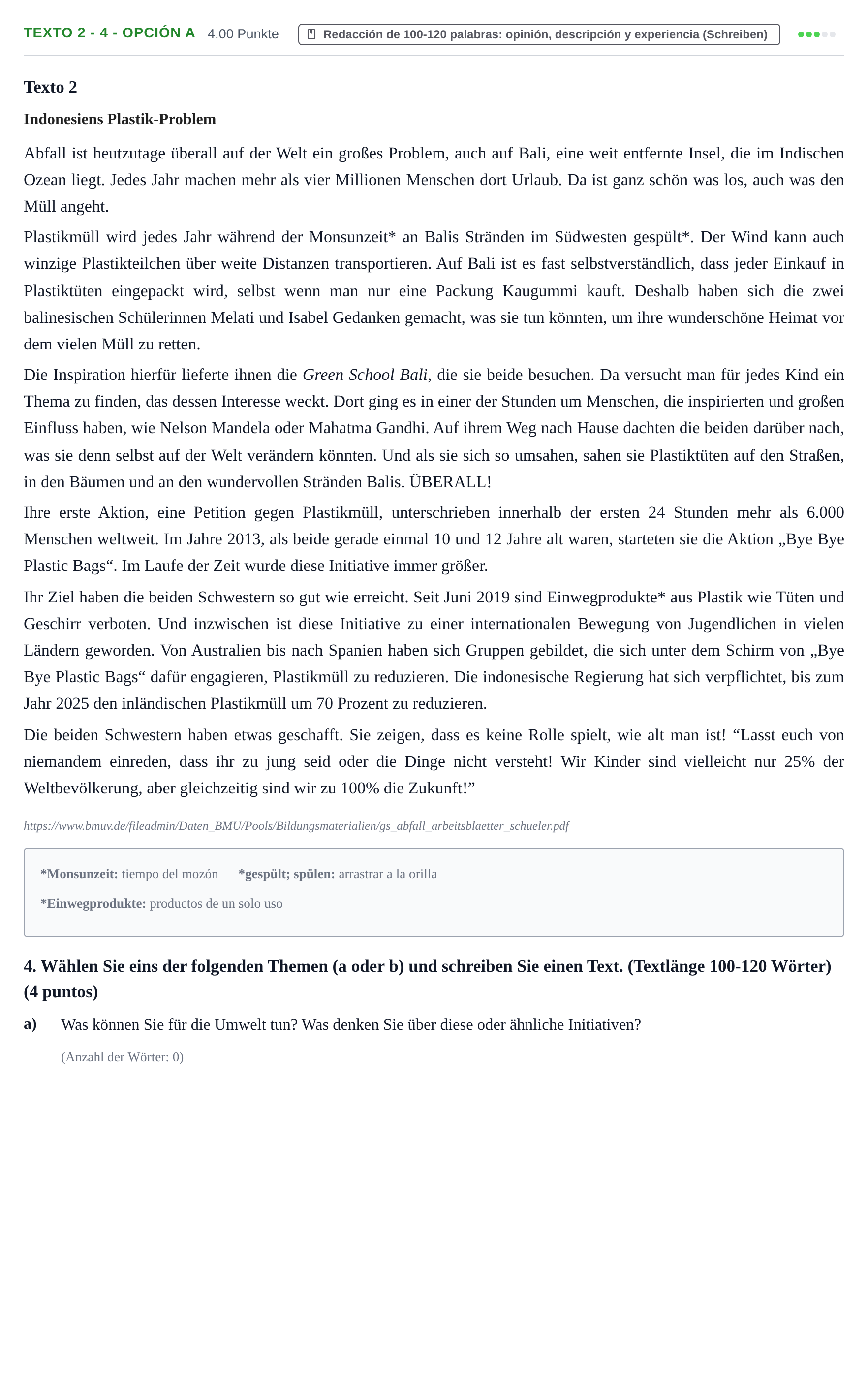Enunciado: Ejercicio Texto 2 - 4 - Opción A · Alemán PAU Asturias Ordinaria (2ª lengua extranjera) 2023