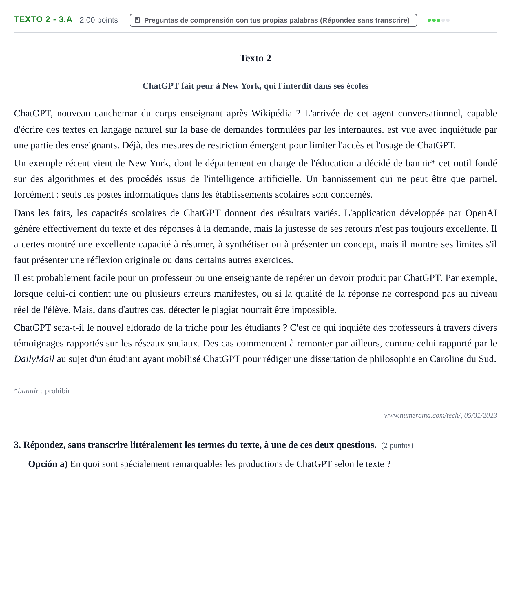 Enunciado: Ejercicio Texto 2 - 3.A · Francés PAU Asturias Extraordinaria (2ª lengua extranjera) 2023