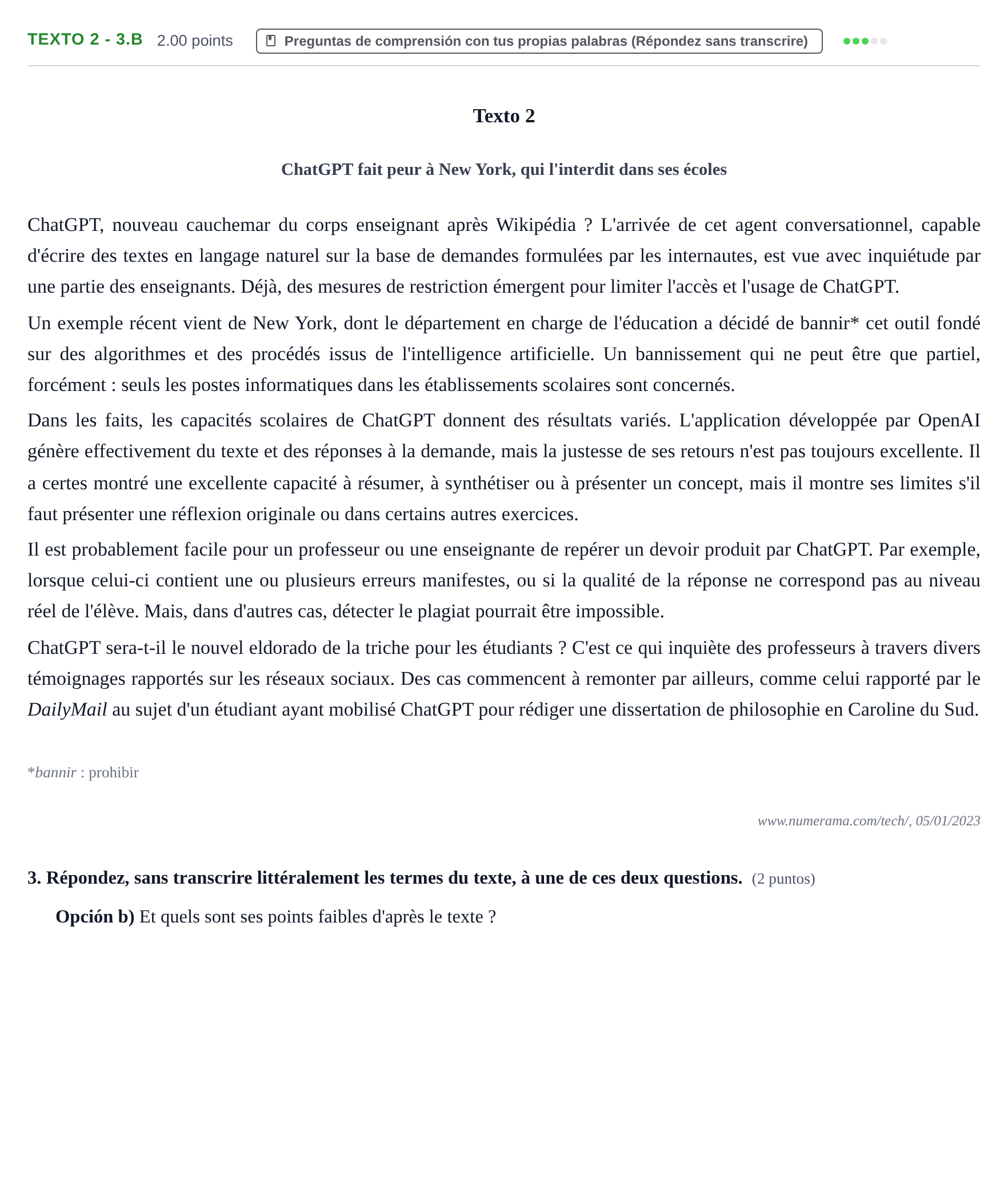Enunciado: Ejercicio Texto 2 - 3.B · Francés PAU Asturias Extraordinaria (2ª lengua extranjera) 2023