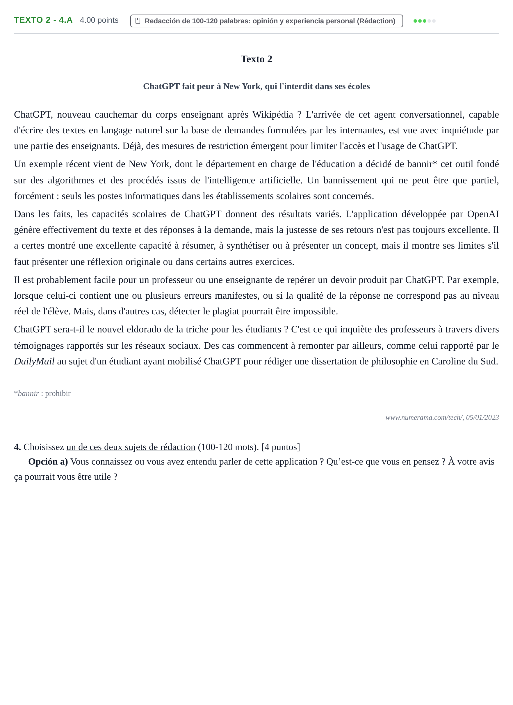 Enunciado: Ejercicio Texto 2 - 4.A · Francés PAU Asturias Extraordinaria (2ª lengua extranjera) 2023