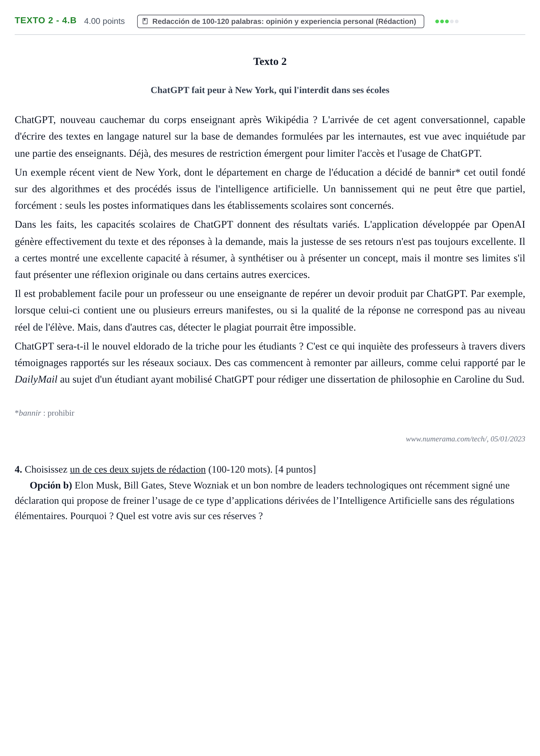 Enunciado: Ejercicio Texto 2 - 4.B · Francés PAU Asturias Extraordinaria (2ª lengua extranjera) 2023