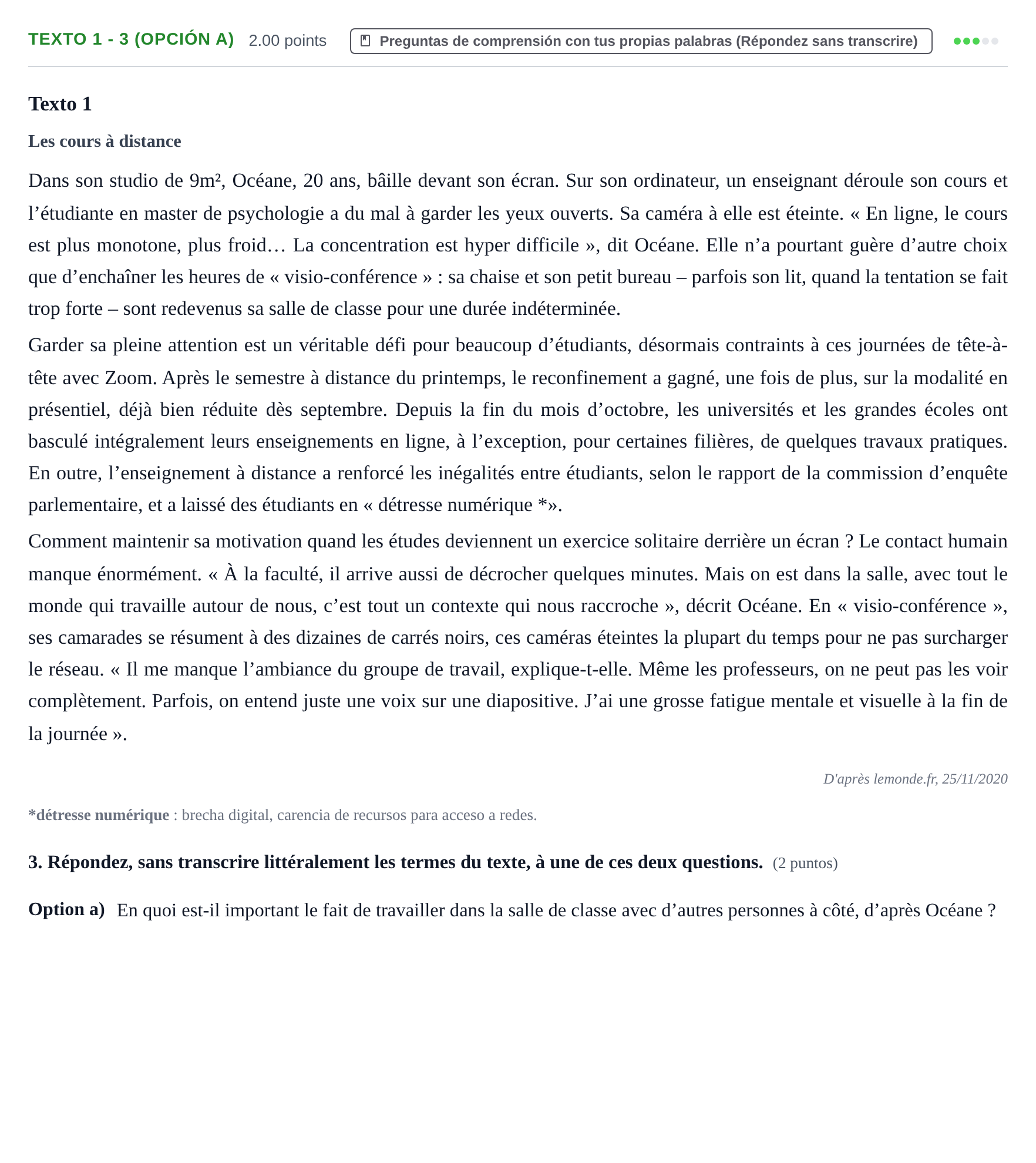 Enunciado: Ejercicio Texto 1 - 3 (Opción a) · Francés PAU Asturias Extraordinaria 2023