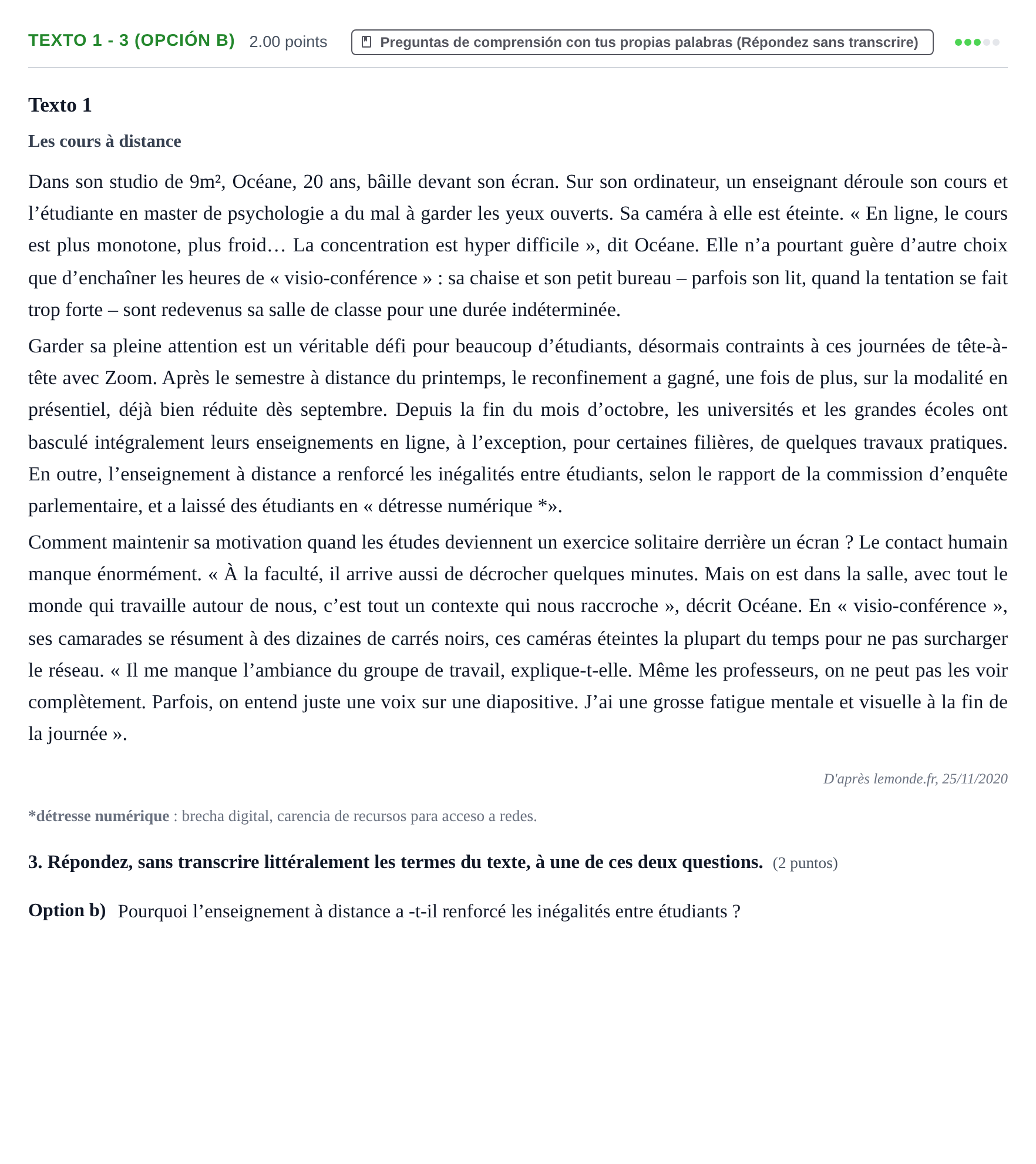 Enunciado: Ejercicio Texto 1 - 3 (Opción b) · Francés PAU Asturias Extraordinaria 2023