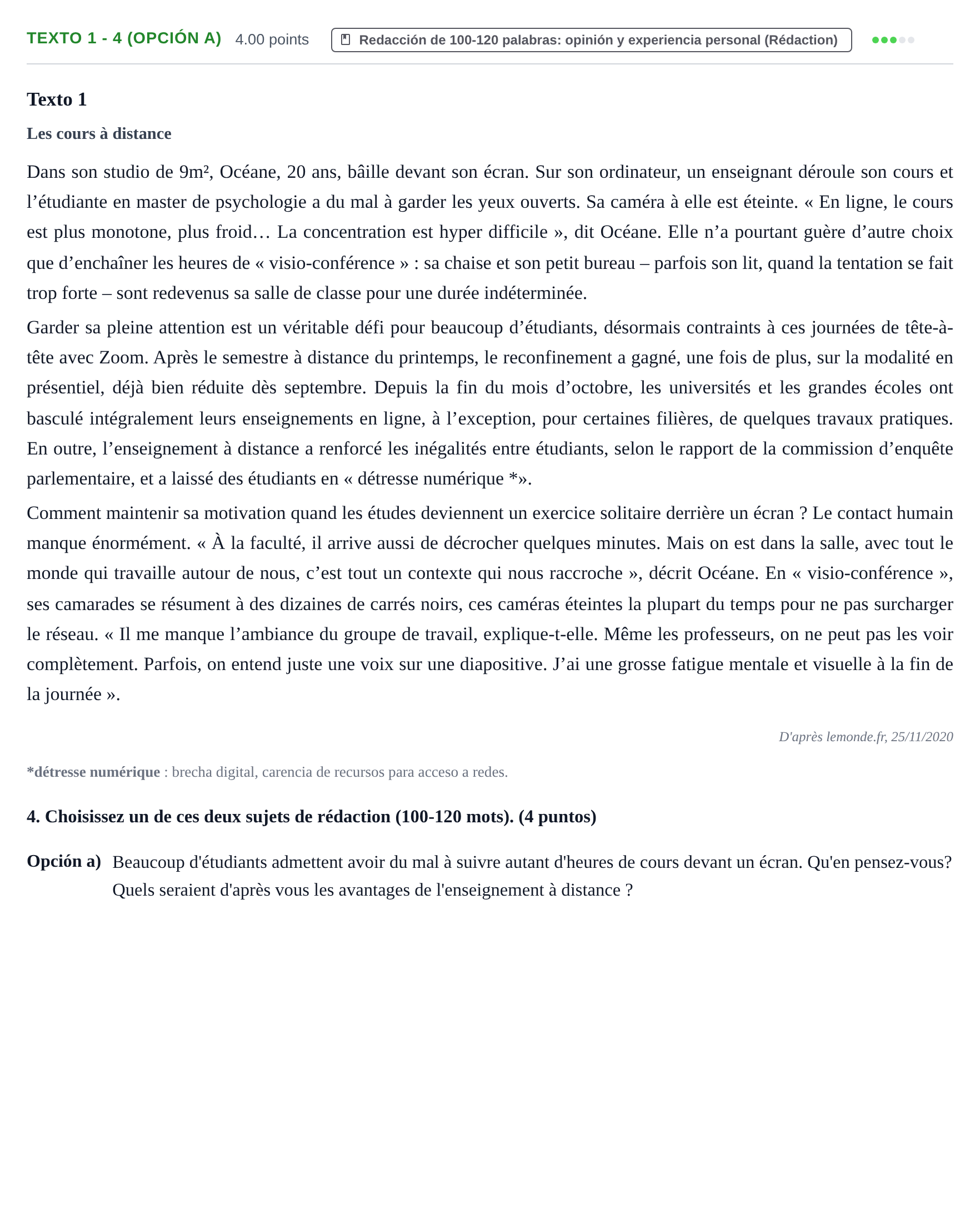 Enunciado: Ejercicio Texto 1 - 4 (Opción a) · Francés PAU Asturias Extraordinaria 2023