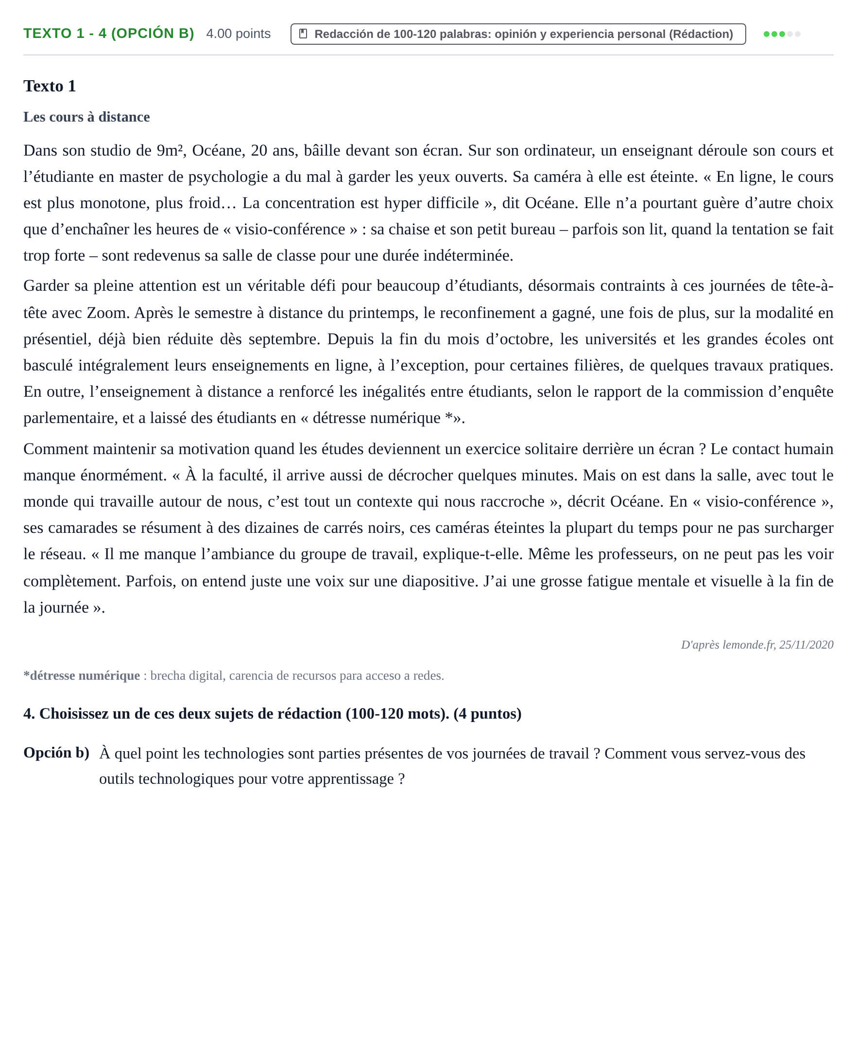 Enunciado: Ejercicio Texto 1 - 4 (Opción b) · Francés PAU Asturias Extraordinaria 2023