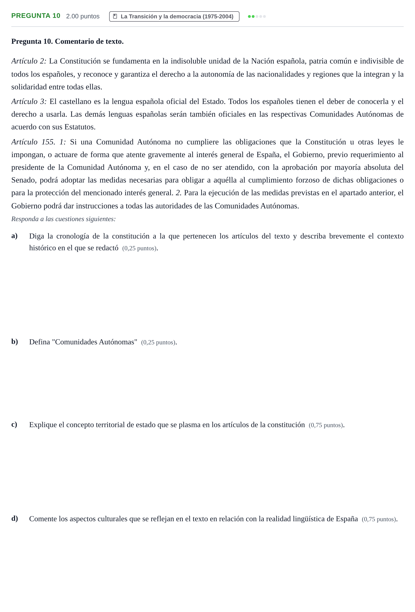 Enunciado: Pregunta 10 · Historia de España PAU Asturias Extraordinaria 2023