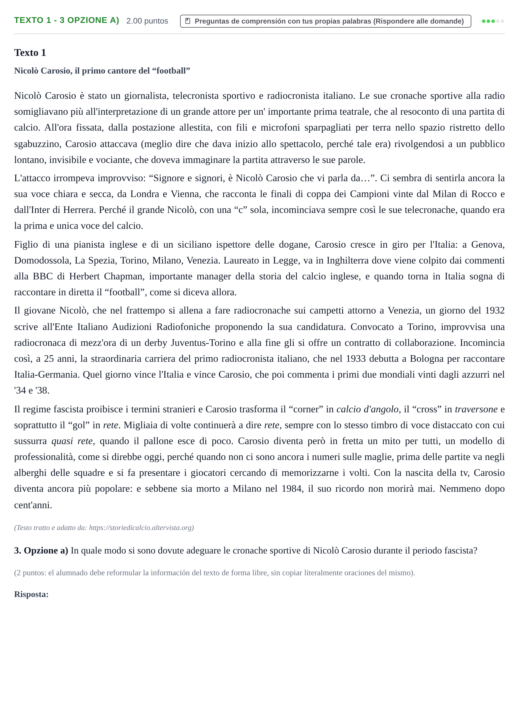 Enunciado: Ejercicio Texto 1 - 3 Opzione a) · Italiano PAU Asturias Extraordinaria (2ª lengua extranjera) 2023