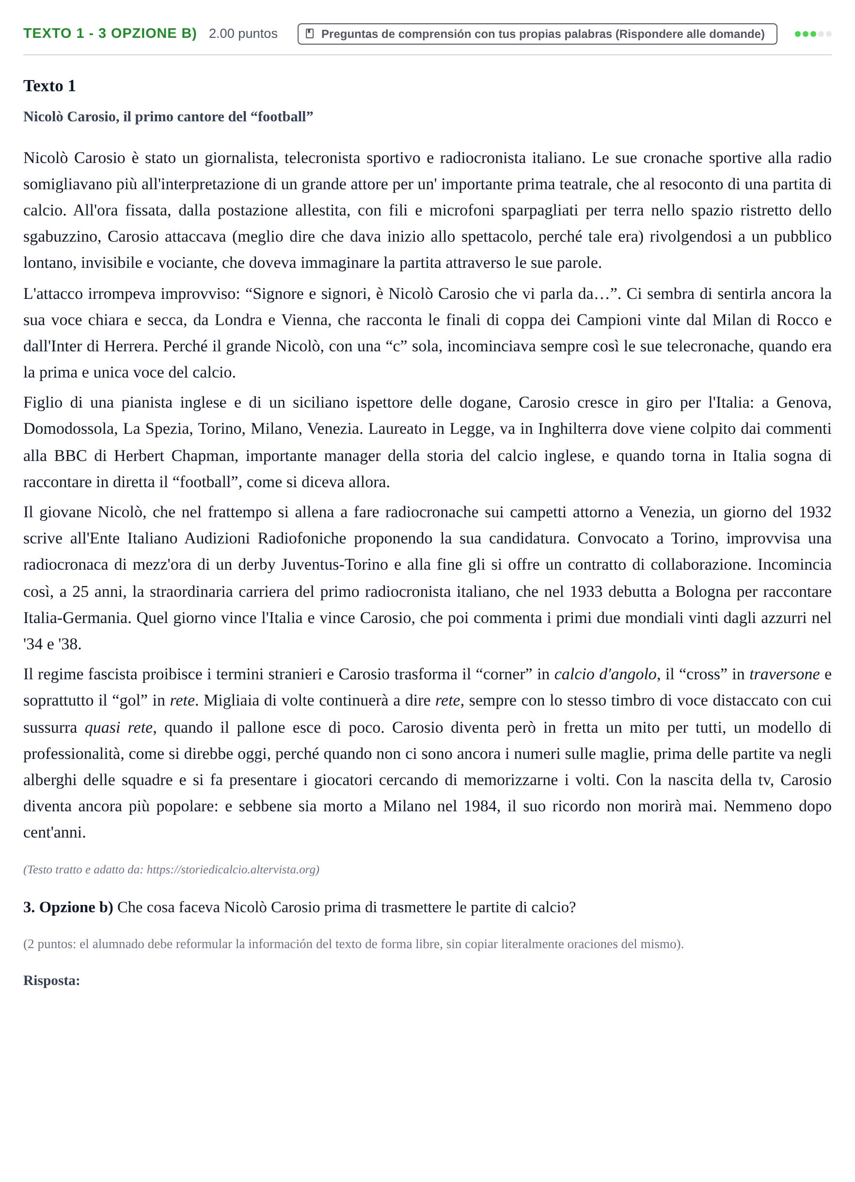 Enunciado: Ejercicio Texto 1 - 3 Opzione b) · Italiano PAU Asturias Extraordinaria (2ª lengua extranjera) 2023