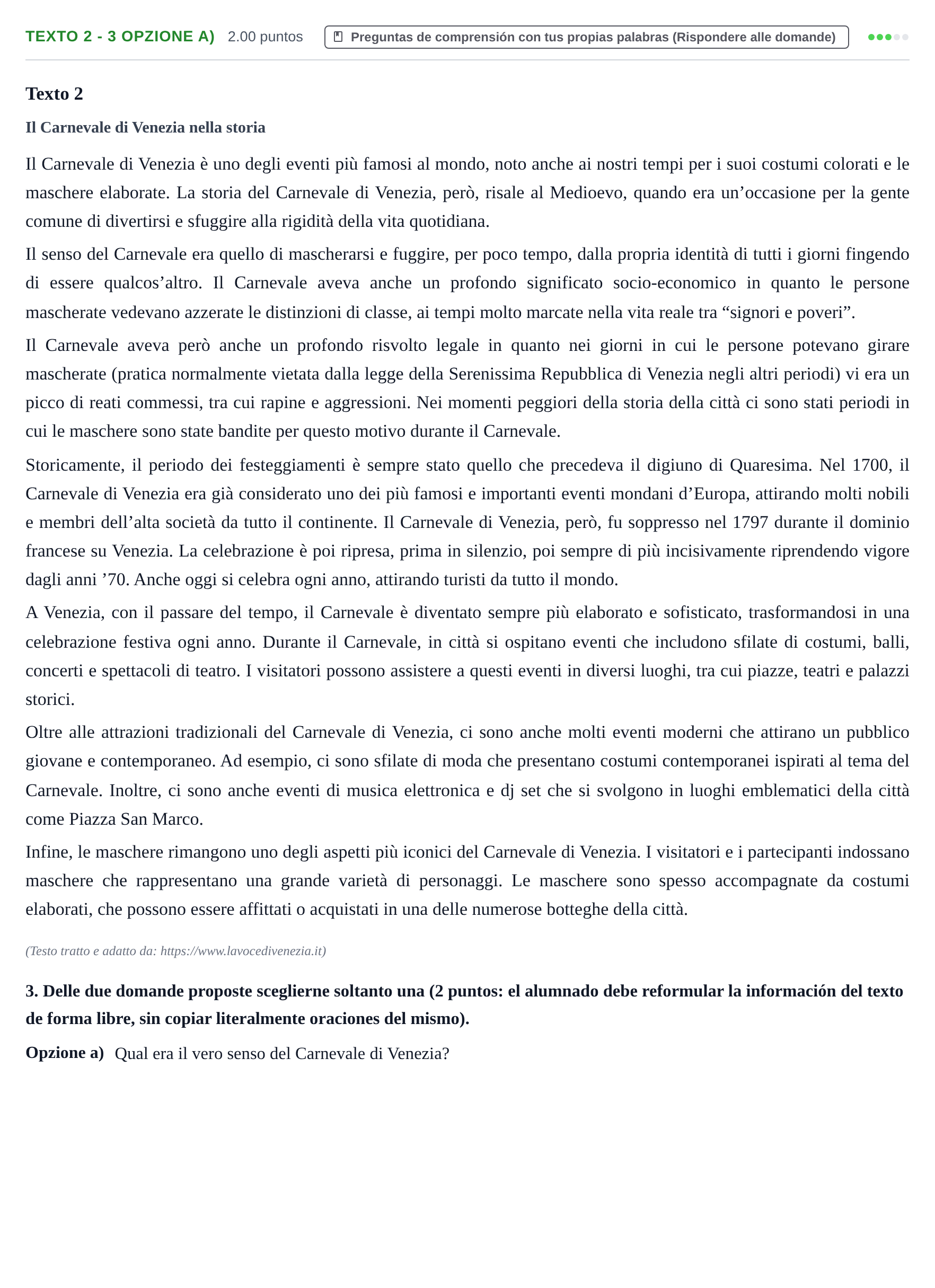 Enunciado: Ejercicio Texto 2 - 3 Opzione a) · Italiano PAU Asturias Extraordinaria (2ª lengua extranjera) 2023