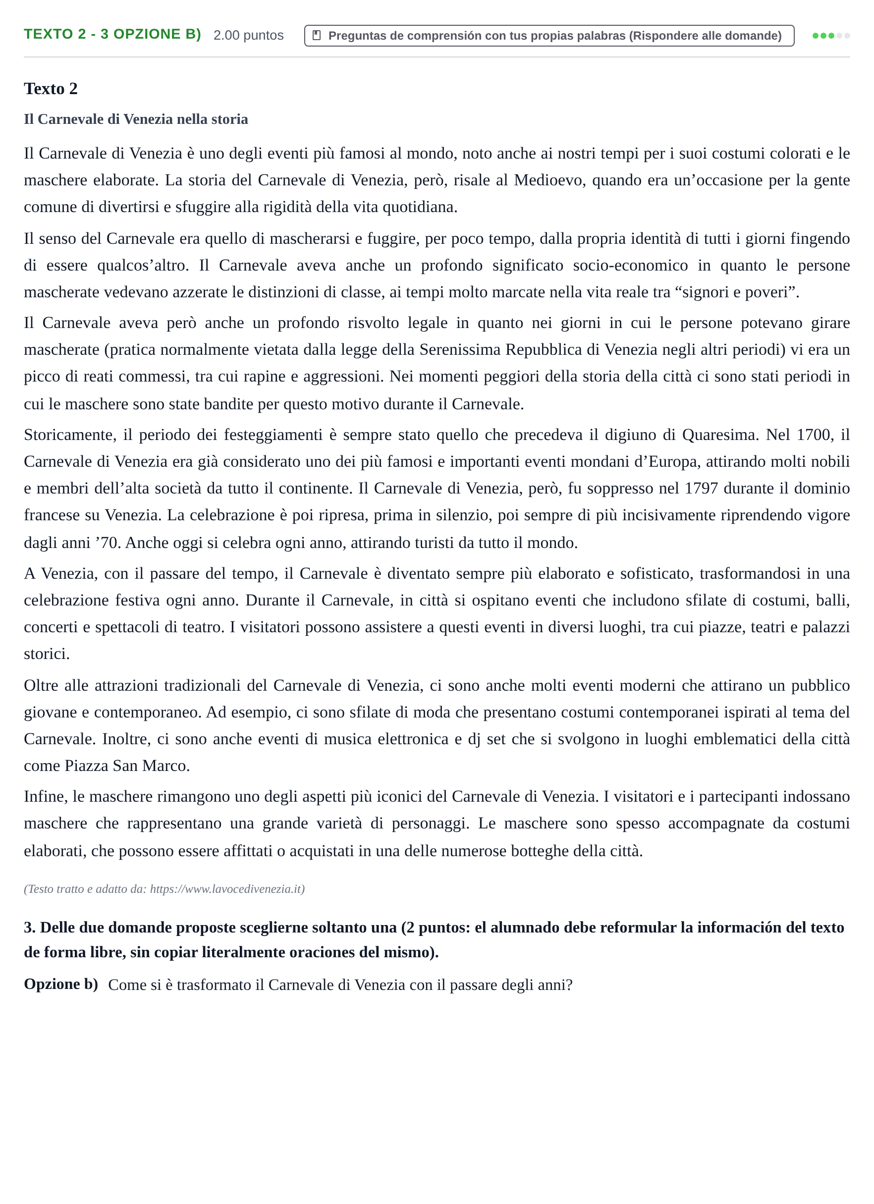 Enunciado: Ejercicio Texto 2 - 3 Opzione b) · Italiano PAU Asturias Extraordinaria (2ª lengua extranjera) 2023