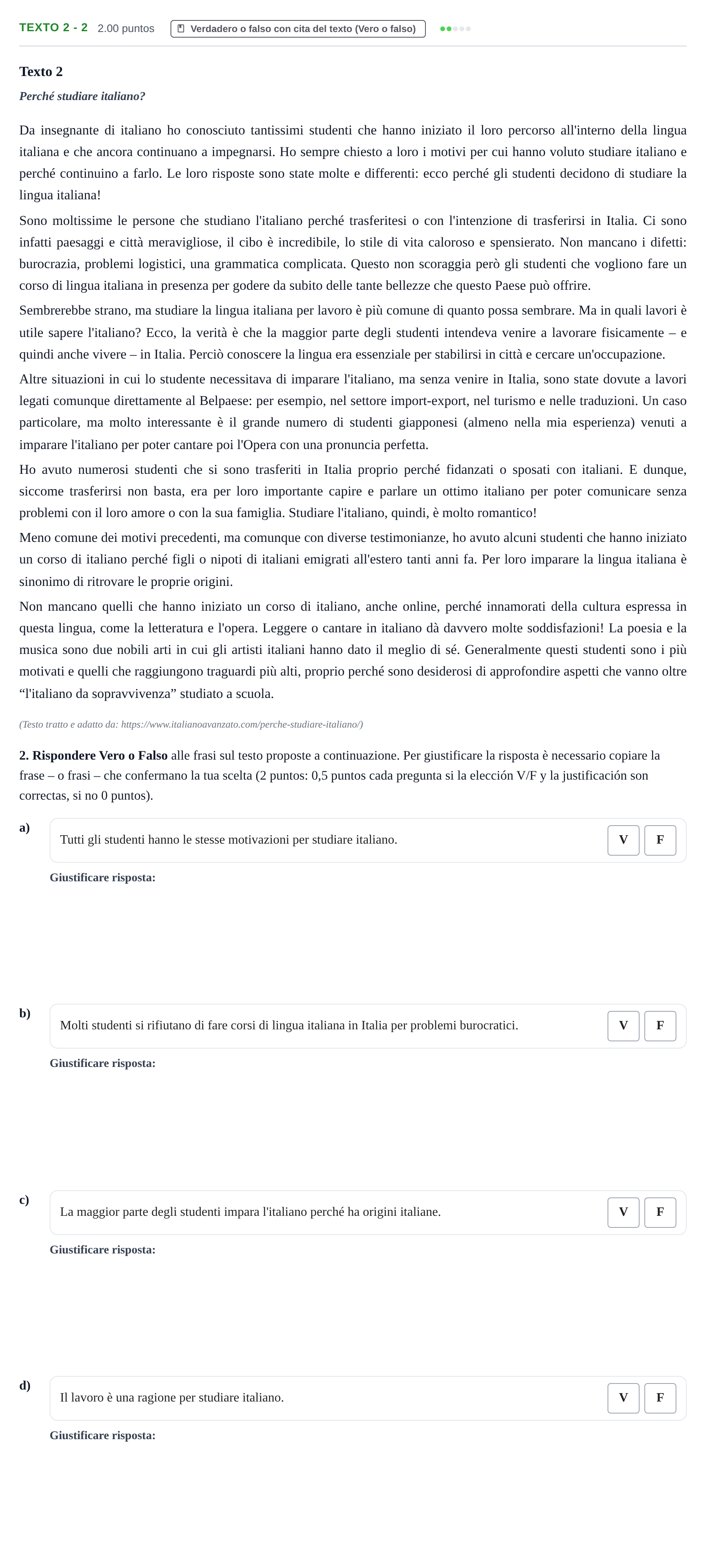 Enunciado: Ejercicio Texto 2 - 2 · Italiano PAU Asturias Ordinaria (2ª lengua extranjera) 2023