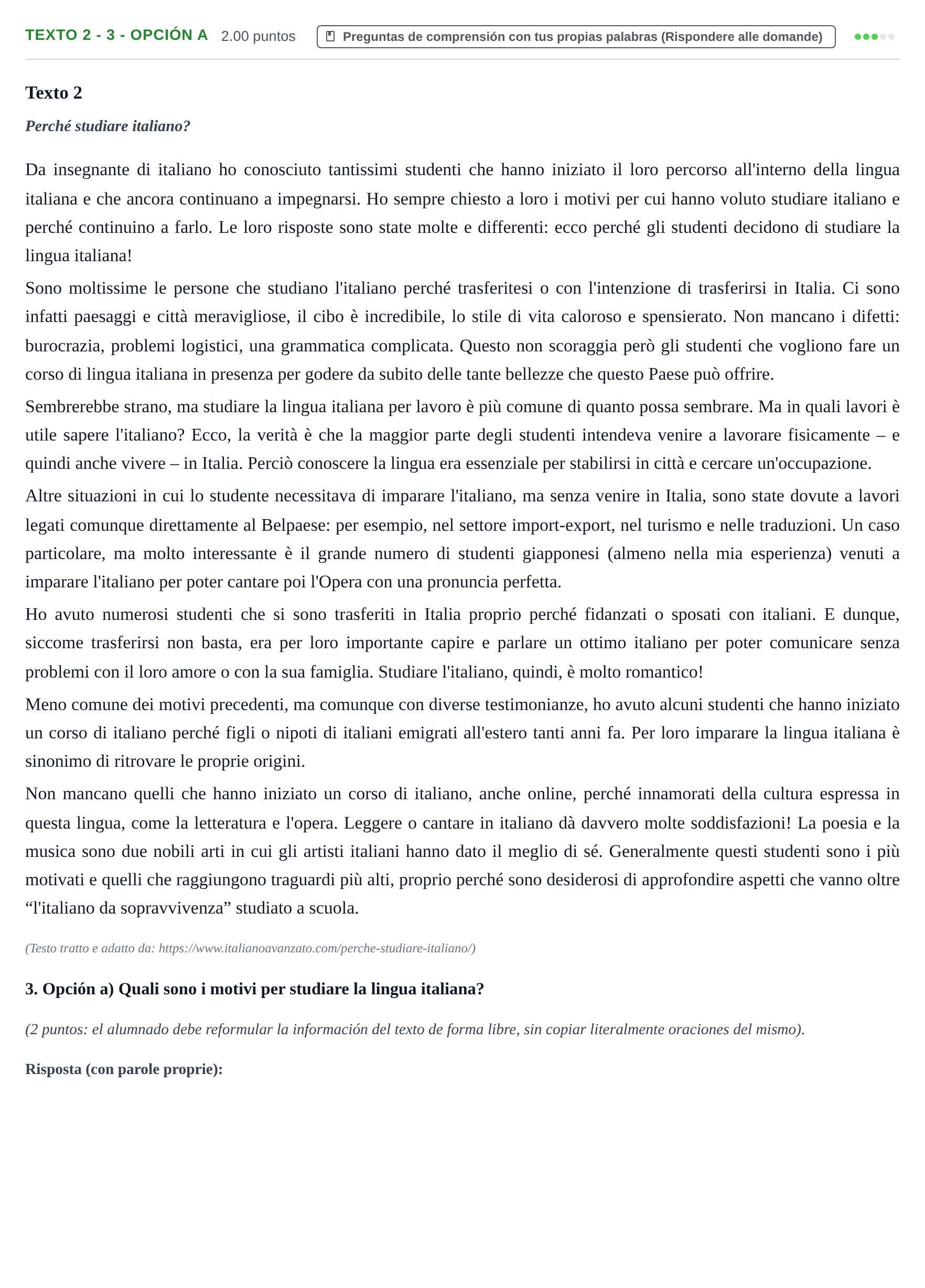 Enunciado: Ejercicio Texto 2 - 3 - Opción a · Italiano PAU Asturias Ordinaria (2ª lengua extranjera) 2023