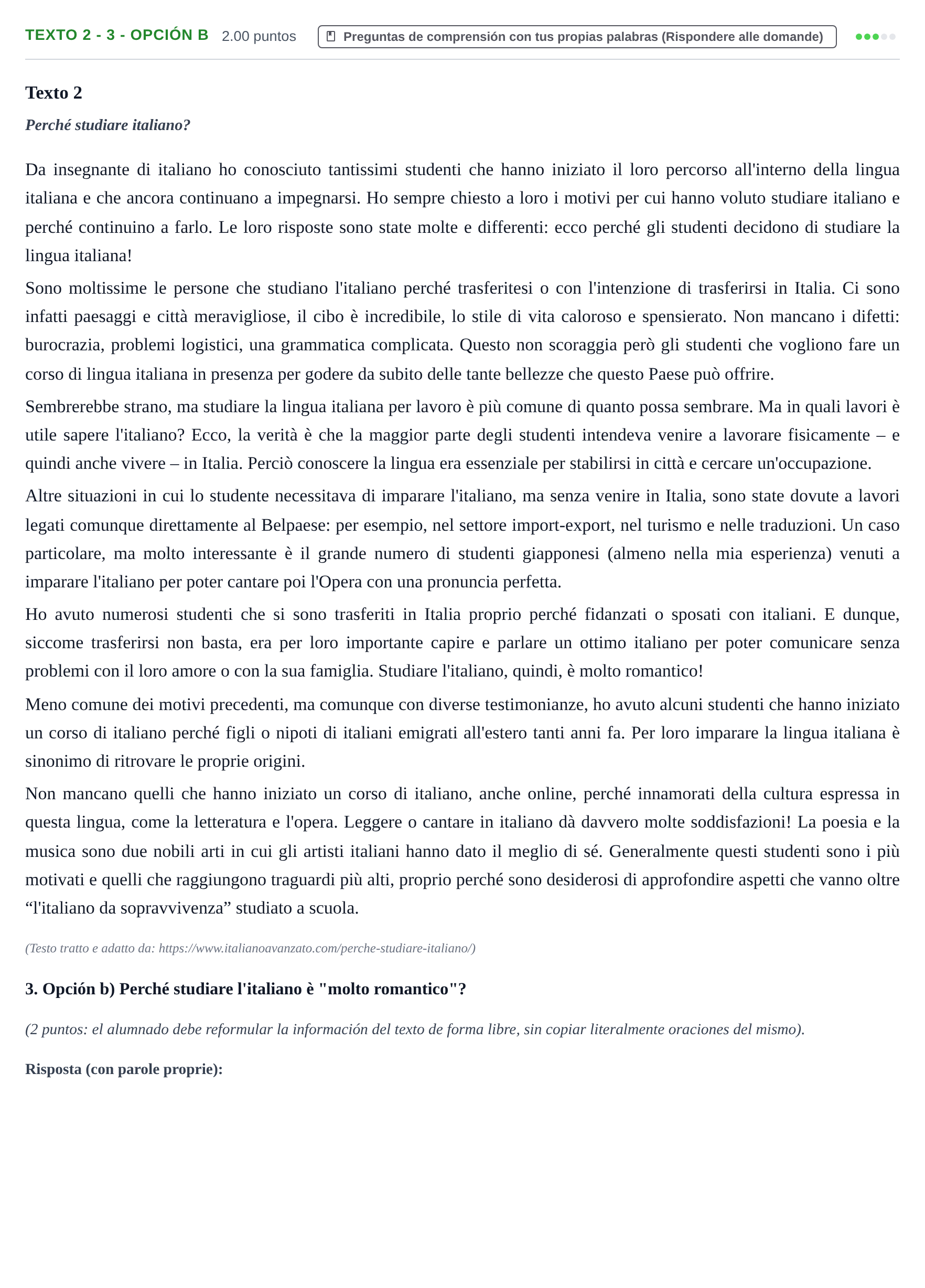 Enunciado: Ejercicio Texto 2 - 3 - Opción b · Italiano PAU Asturias Ordinaria (2ª lengua extranjera) 2023