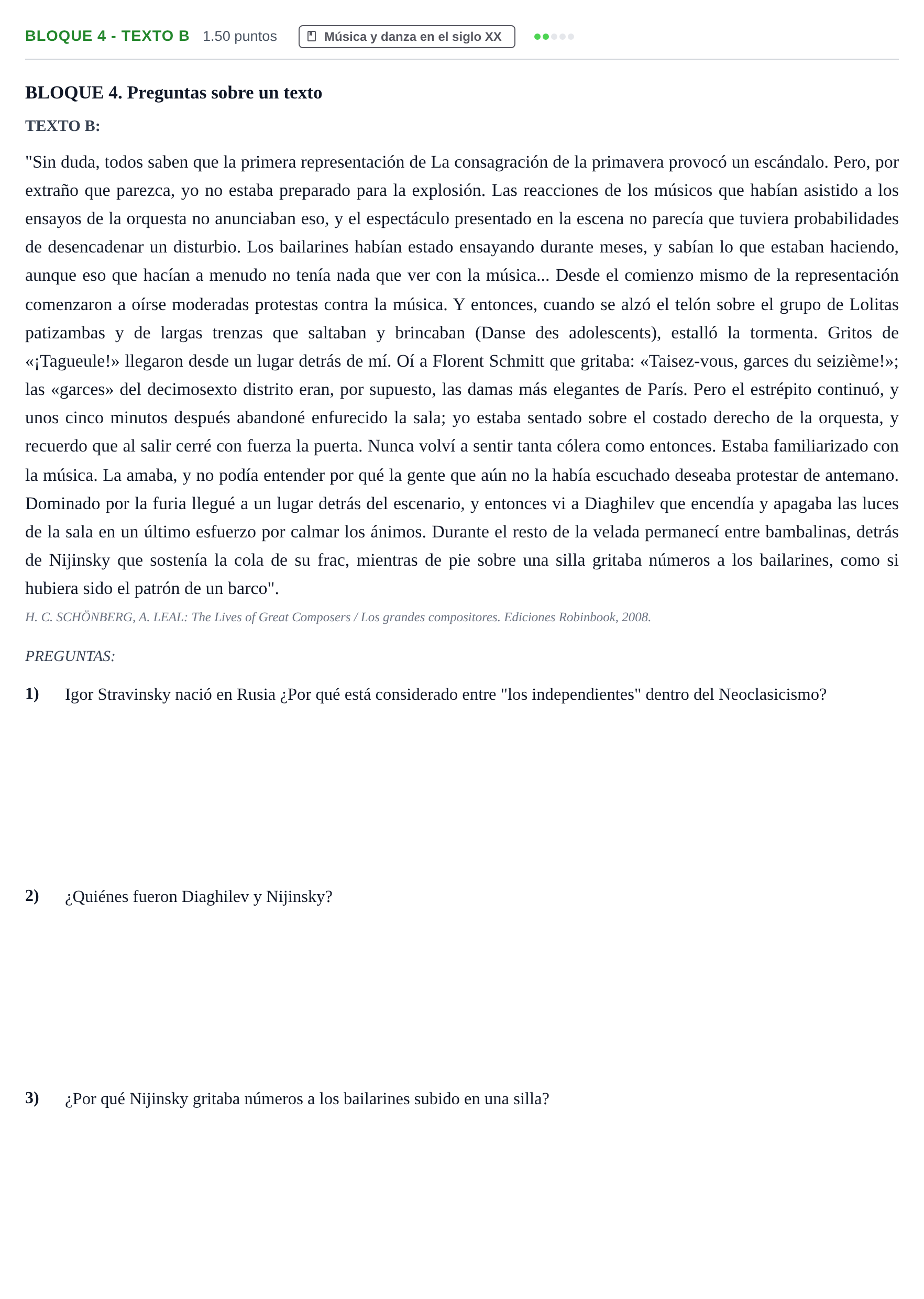 Enunciado: Bloque 4 - Texto B · Historia de la Música y de la Danza PAU Extremadura Extraordinaria 2024