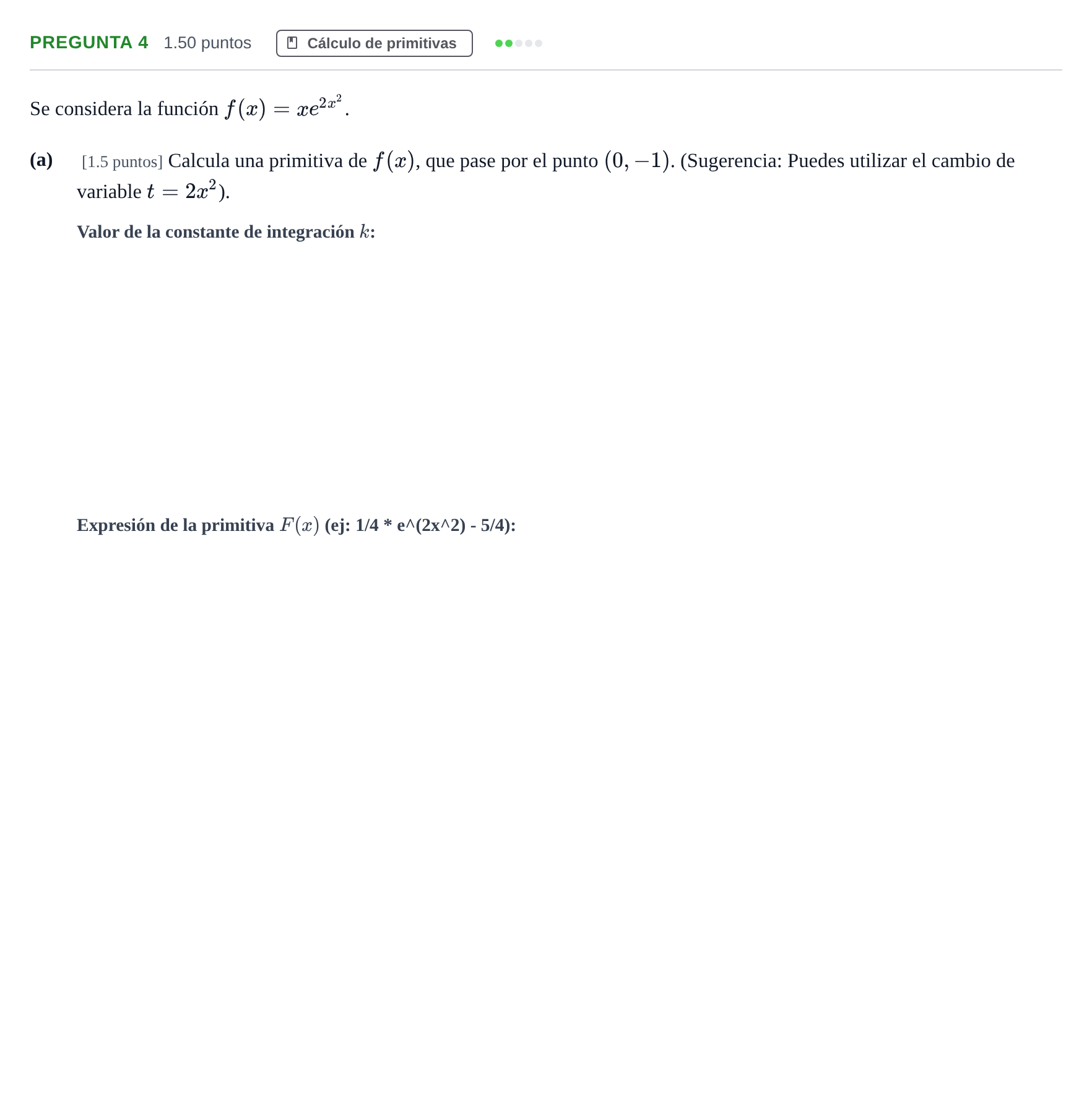Enunciado: Pregunta 4 - Cálculo de primitivas · Matemáticas II PAU Asturias Extraordinaria 2023