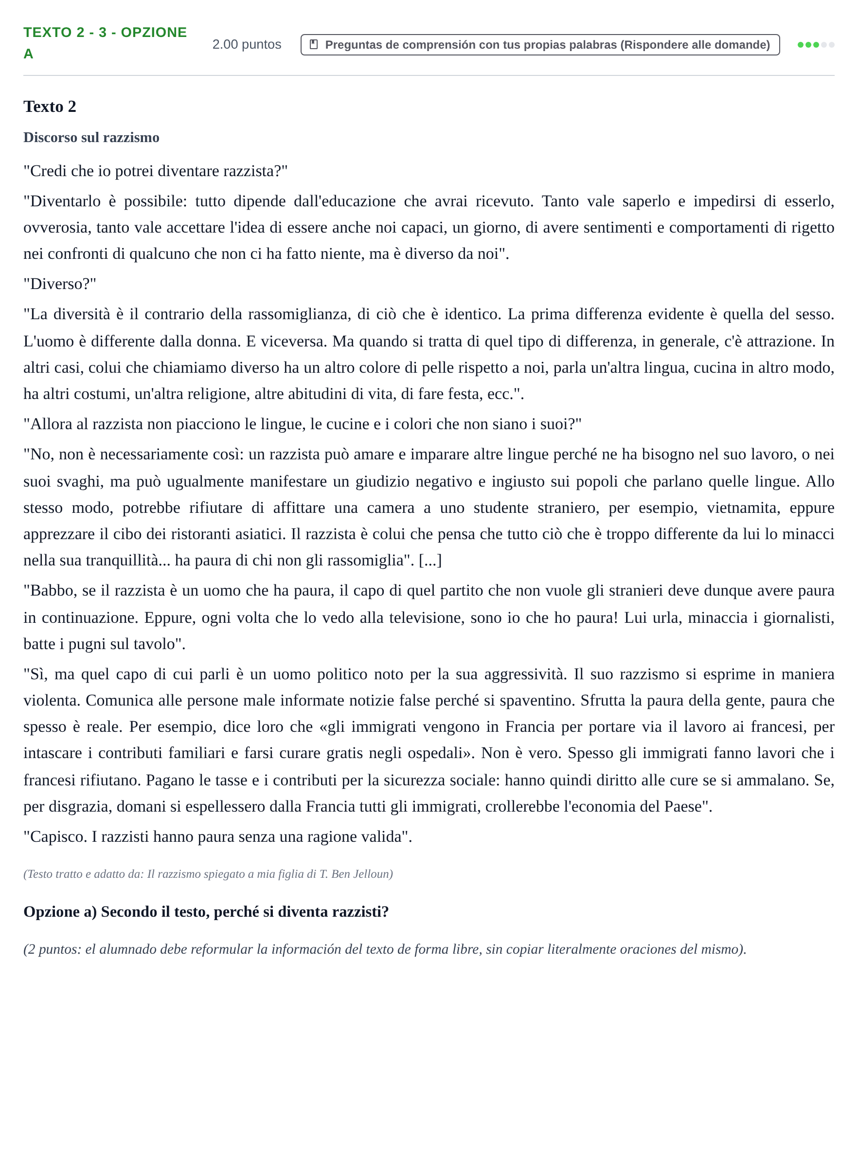 Enunciado: Ejercicio Texto 2 - 3 - Opzione a · Italiano PAU Asturias Ordinaria 2023