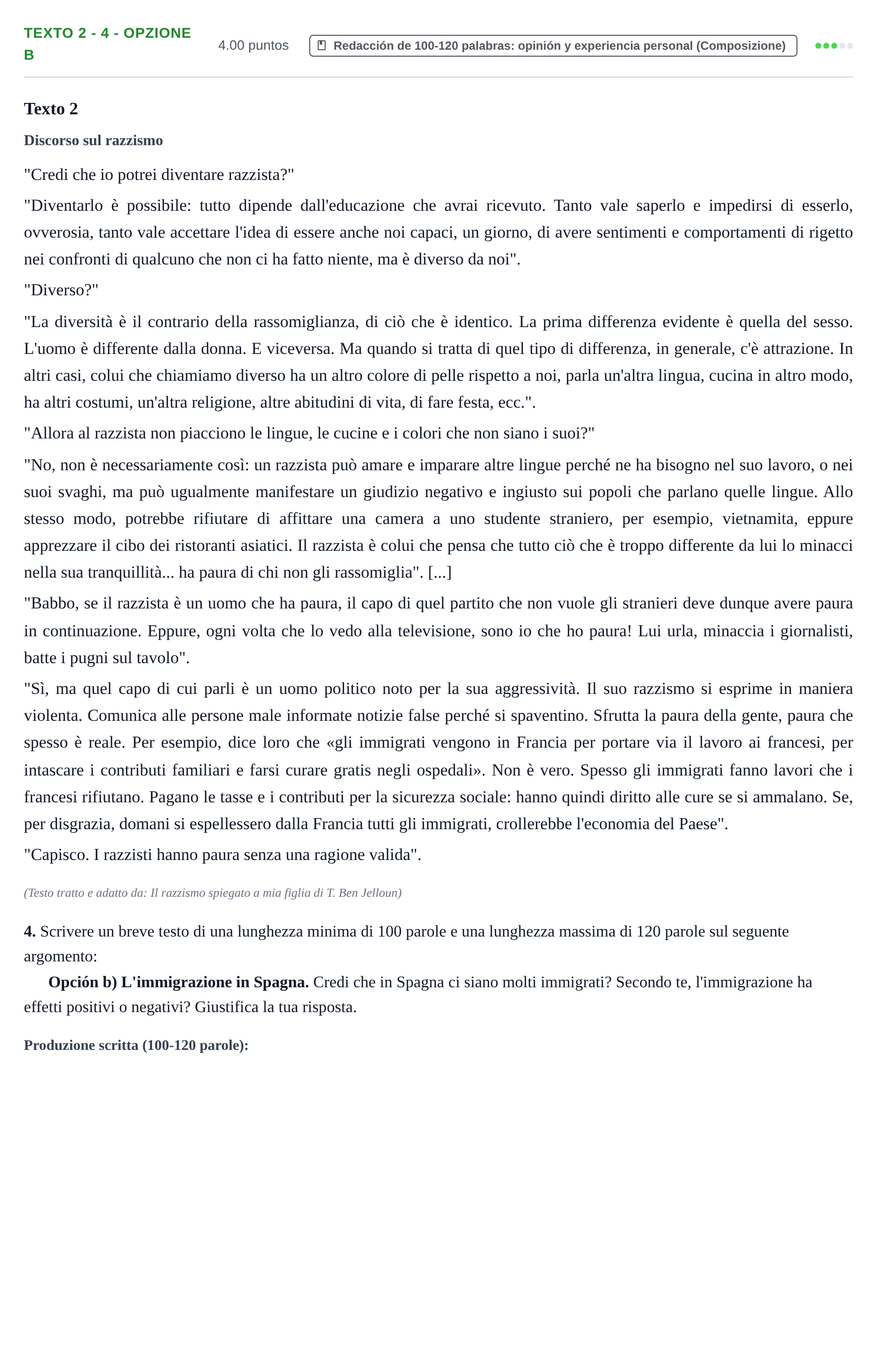 Enunciado: Ejercicio Texto 2 - 4 - Opzione b · Italiano PAU Asturias Ordinaria 2023
