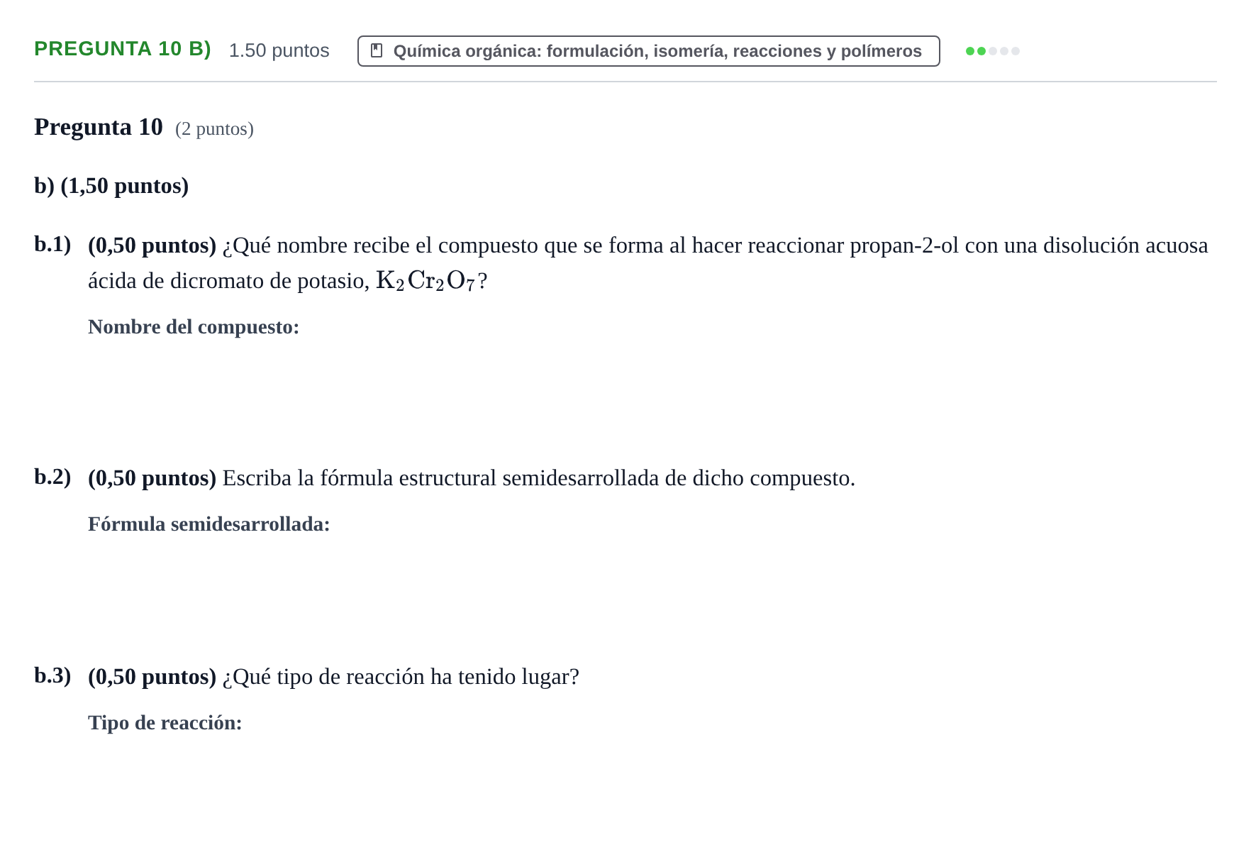 Enunciado: Pregunta 10 b) · Química PAU Asturias Extraordinaria 2023