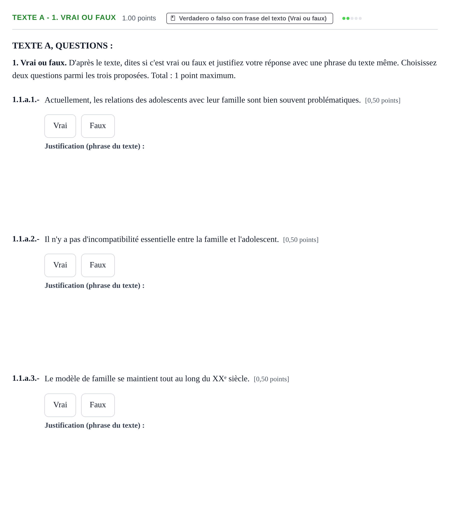 Enunciado: Ejercicio Texte A - 1. Vrai ou faux · Francés PAU Extremadura Ordinaria 2023