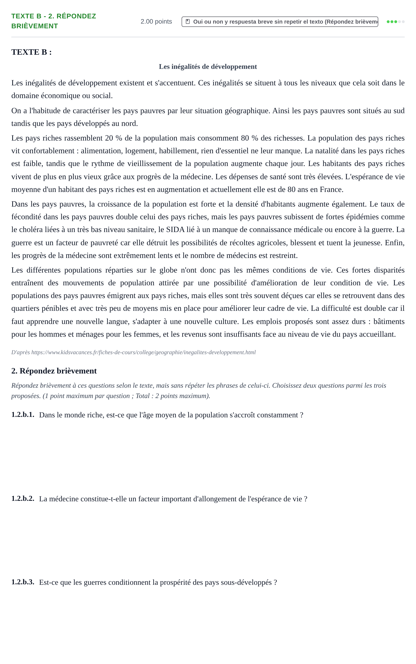 Enunciado: Ejercicio Texte B - 2. Répondez brièvement · Francés PAU Extremadura Ordinaria 2023