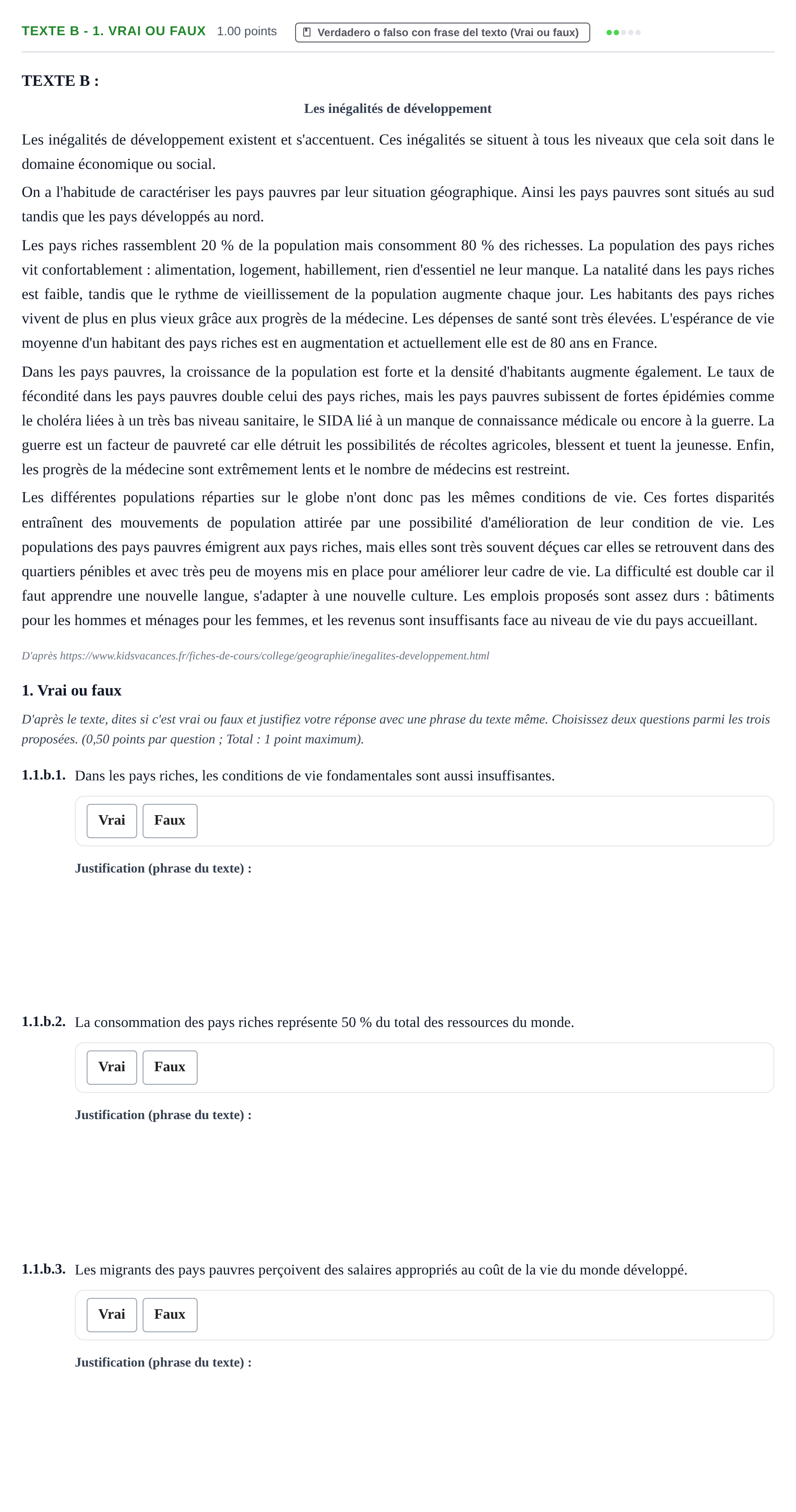 Enunciado: Ejercicio Texte B - 1. Vrai ou faux · Francés PAU Extremadura Ordinaria 2023