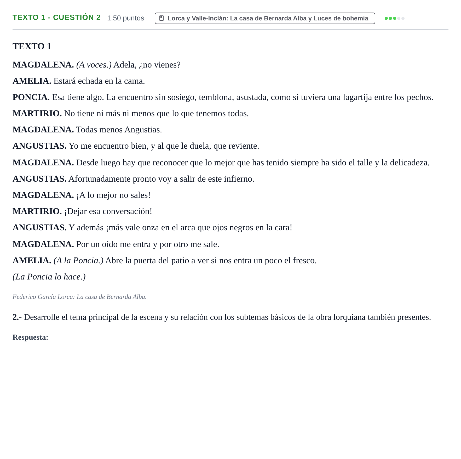 Enunciado: Ejercicio Texto 1 - Cuestión 2 · Artes Escénicas PAU Extremadura Extraordinaria 2023