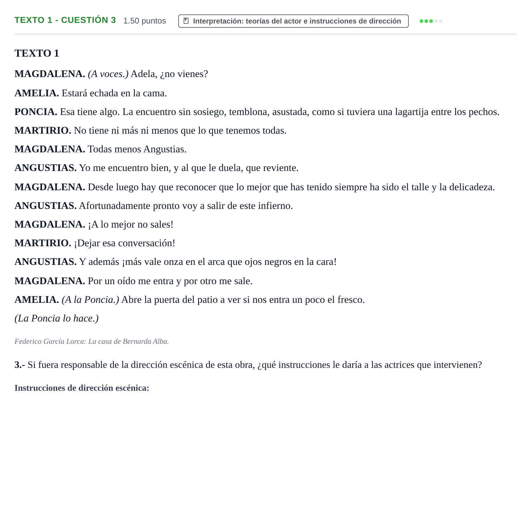 Enunciado: Ejercicio Texto 1 - Cuestión 3 · Artes Escénicas PAU Extremadura Extraordinaria 2023