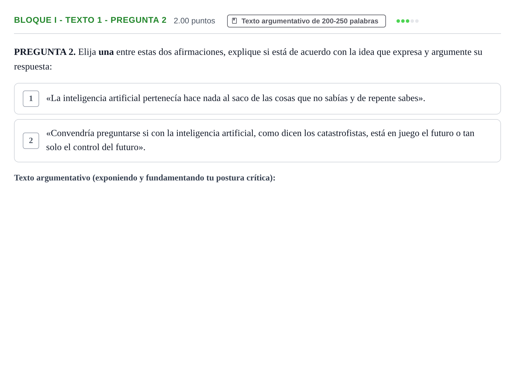 Enunciado: Bloque I - Texto 1 - Pregunta 2 · Lengua Castellana y Literatura II PAU Extremadura Extraordinaria 2023