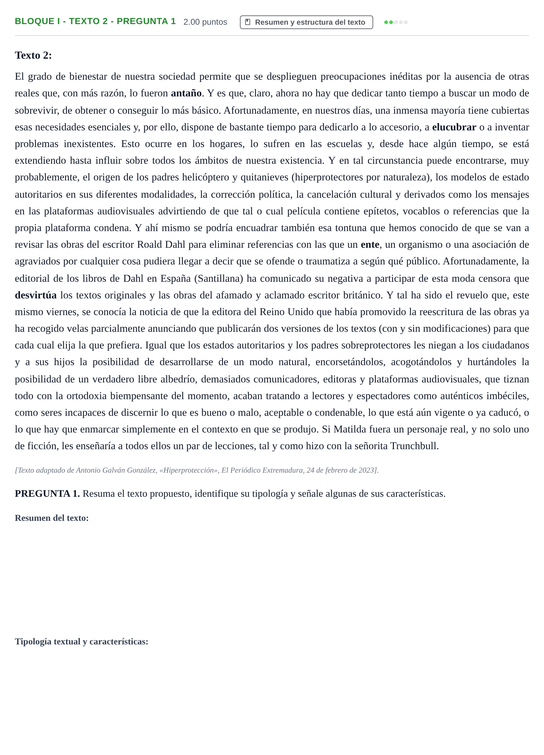 Enunciado: Bloque I - Texto 2 - Pregunta 1 · Lengua Castellana y Literatura II PAU Extremadura Extraordinaria 2023