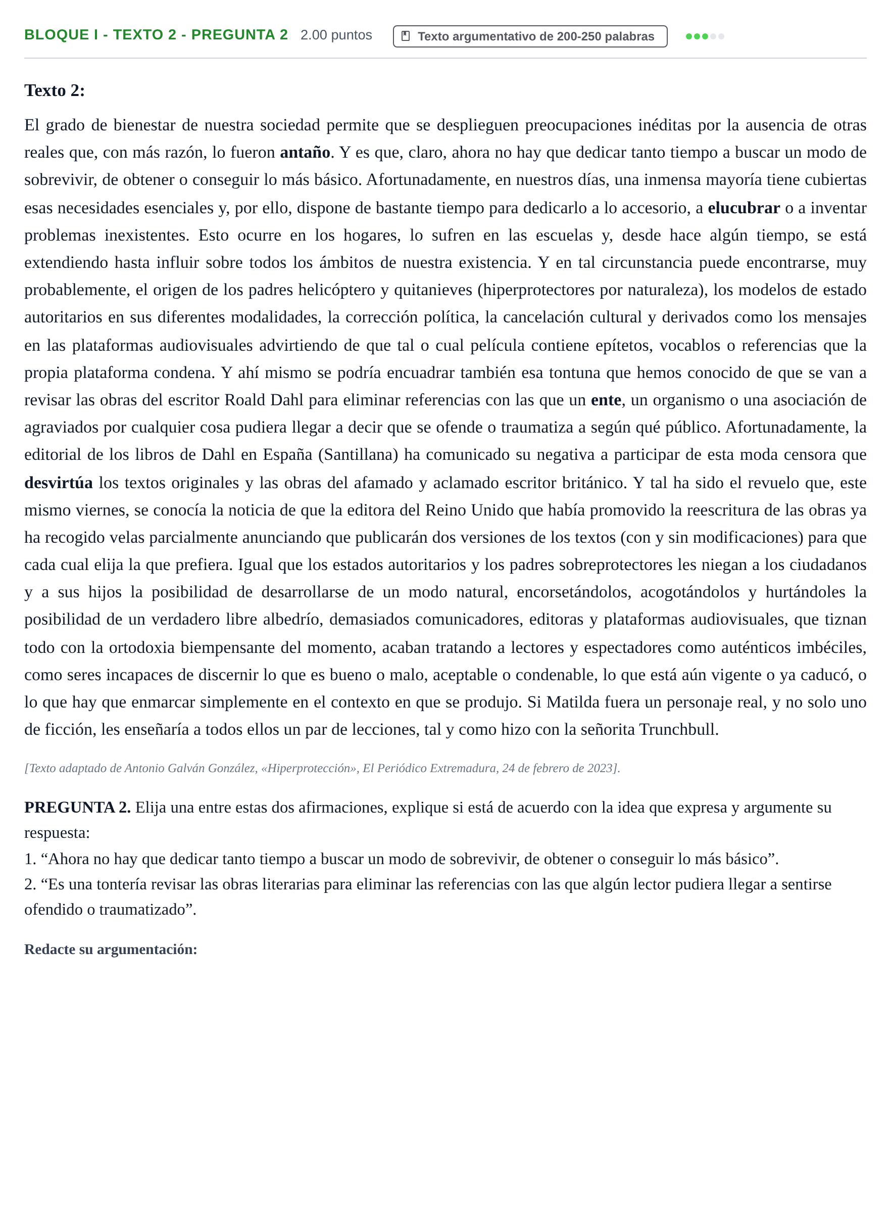 Enunciado: Bloque I - Texto 2 - Pregunta 2 · Lengua Castellana y Literatura II PAU Extremadura Extraordinaria 2023