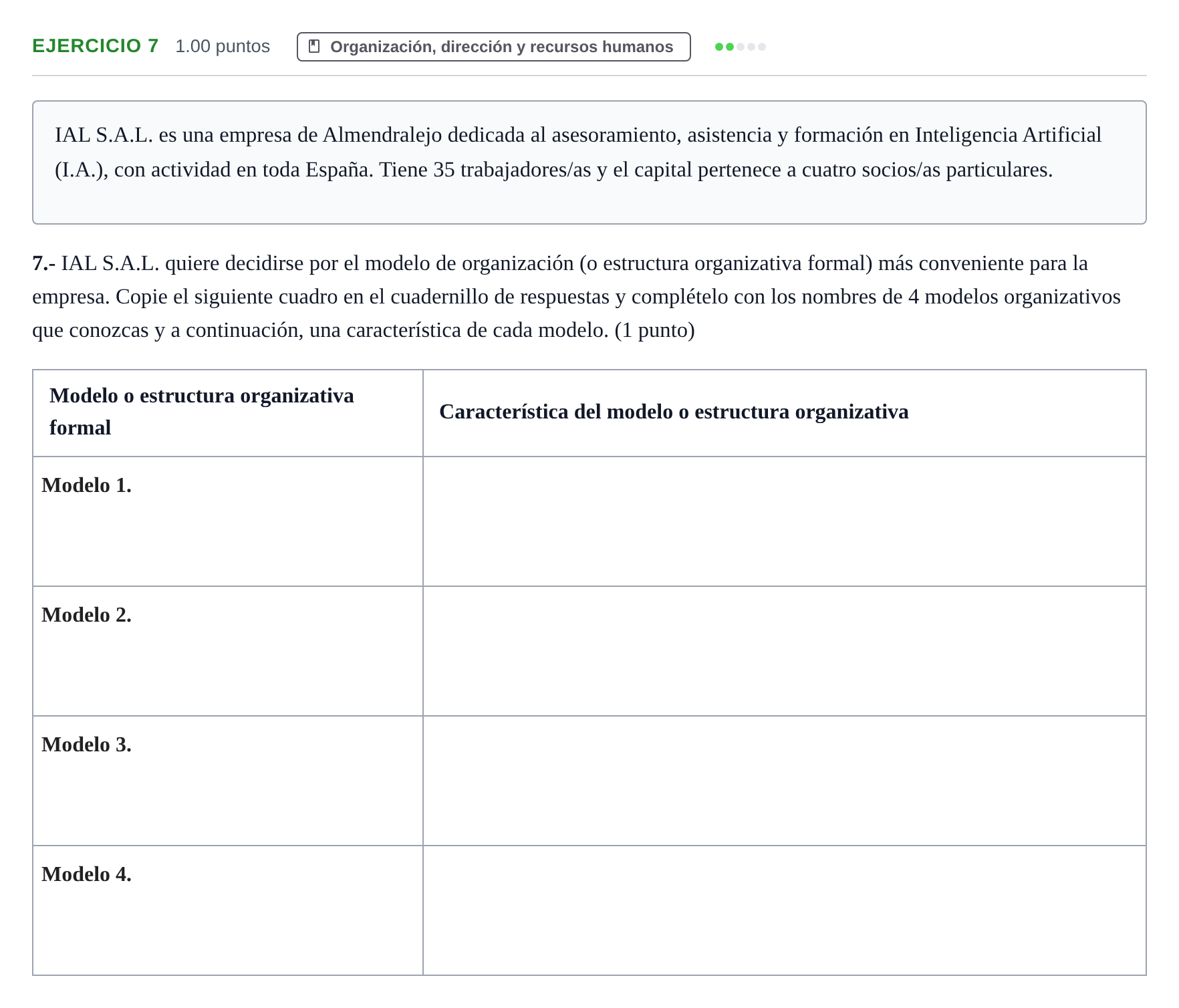 Enunciado: Problema 7 · Empresa y Diseño de Modelos de Negocio PAU Extremadura Extraordinaria 2023