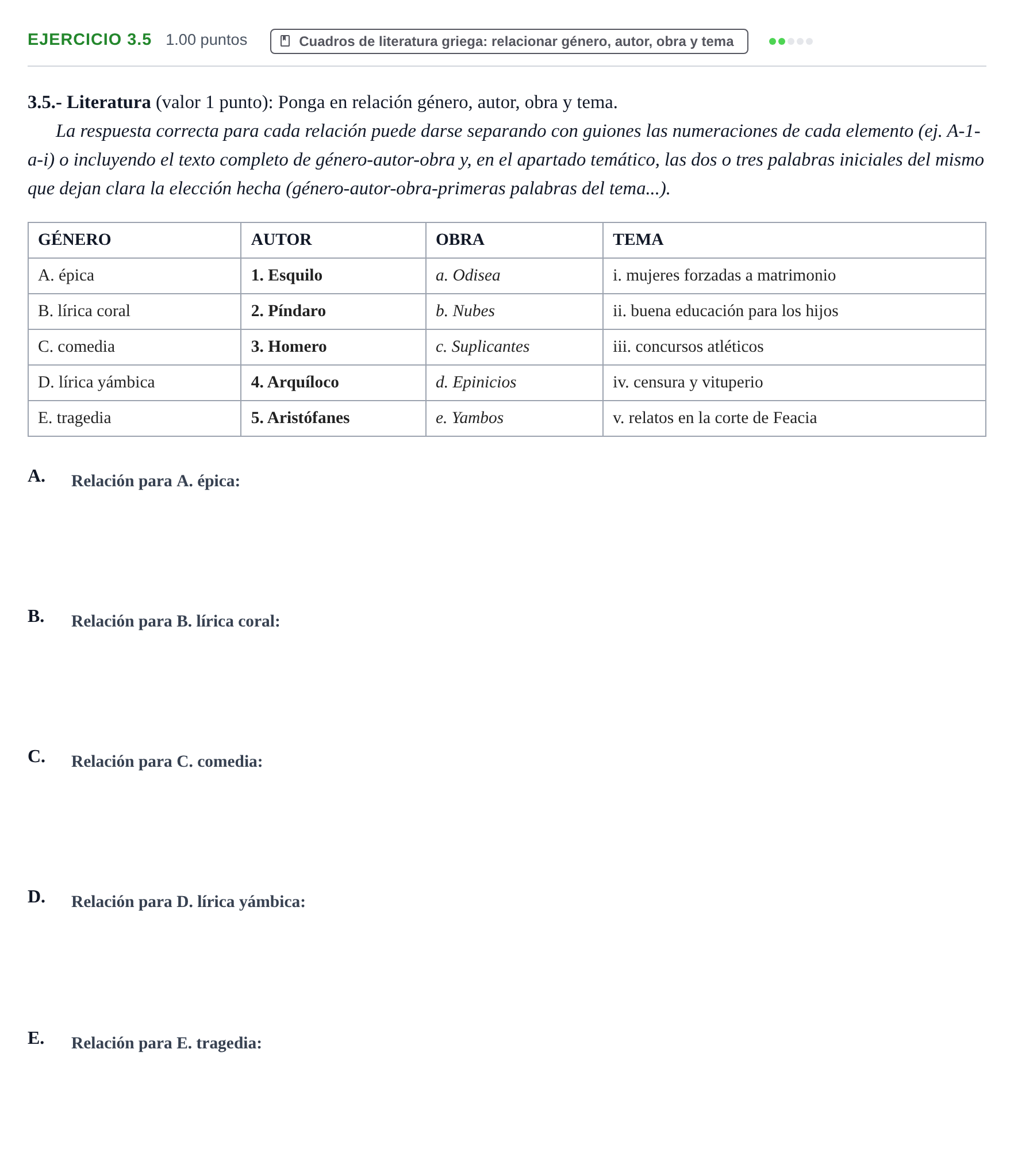Enunciado: Ejercicio 3.5 · Griego II PAU Extremadura Extraordinaria 2023