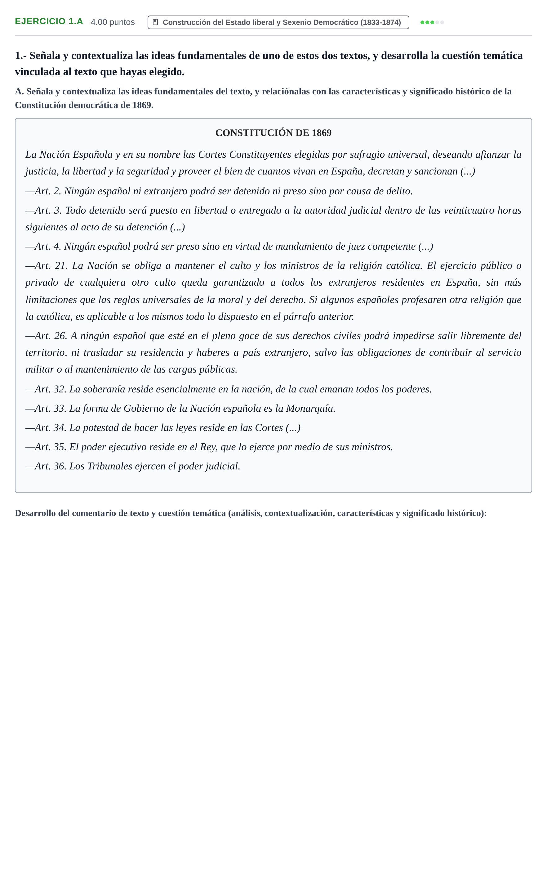 Enunciado: Ejercicio 1.A · Historia de España PAU Extremadura Extraordinaria 2023