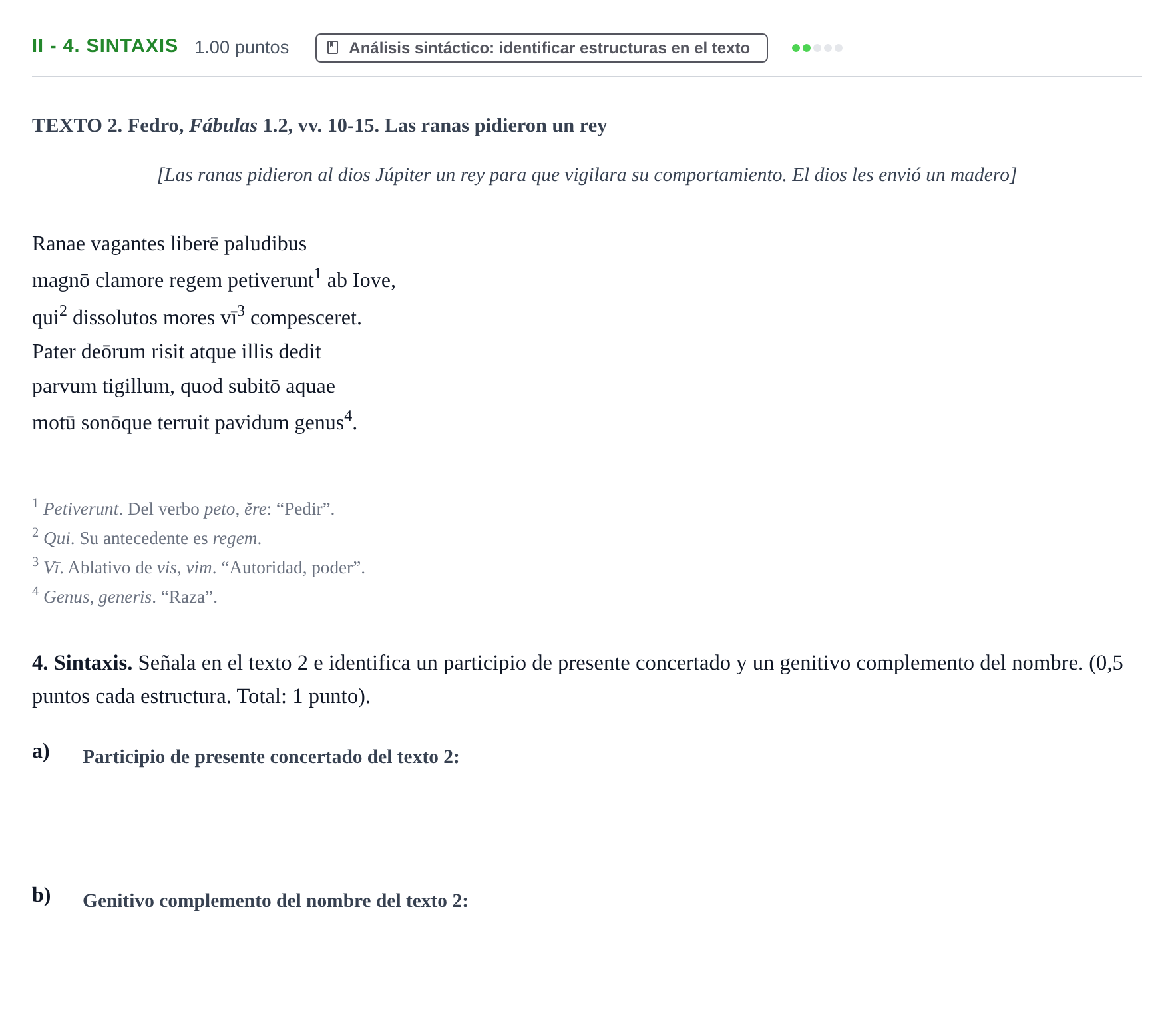 Enunciado: Ejercicio II - 4. Sintaxis · Latín II PAU Extremadura Extraordinaria 2023