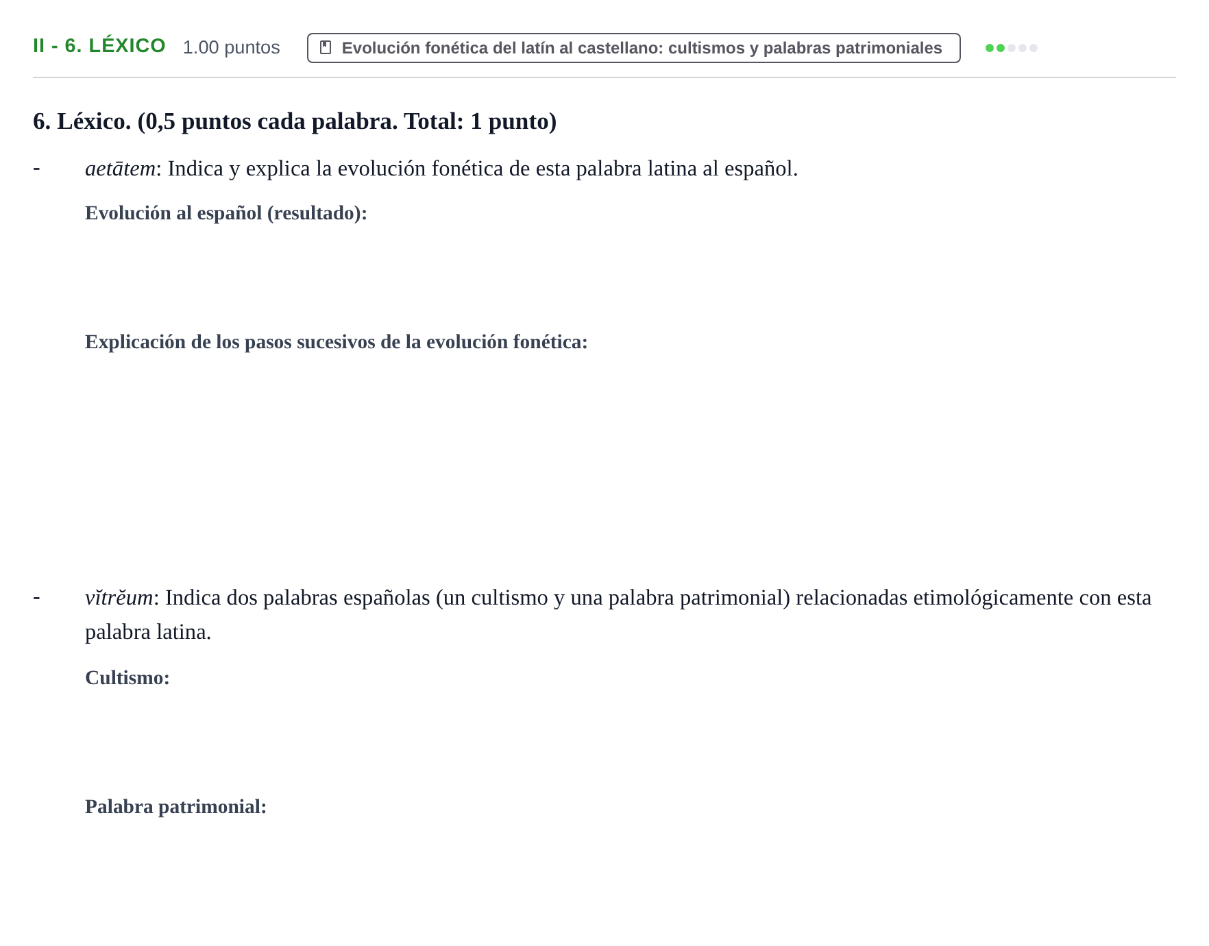 Enunciado: Ejercicio II - 6. Léxico · Latín II PAU Extremadura Extraordinaria 2023