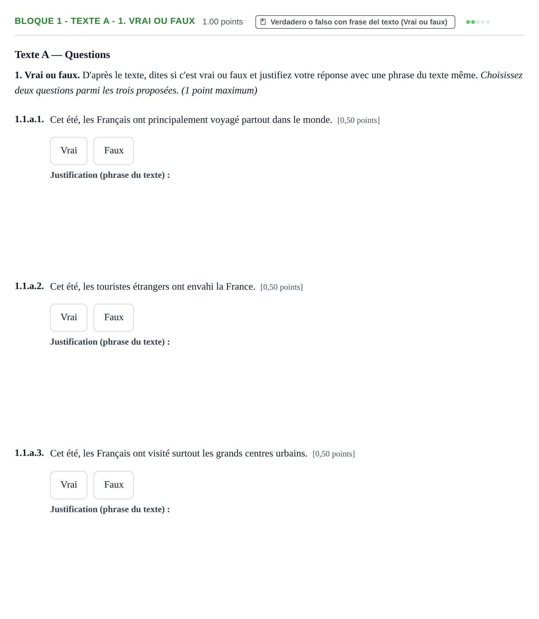 Enunciado: Bloque 1 - Texte A - 1. Vrai ou faux · Francés PAU Extremadura Ordinaria 2022