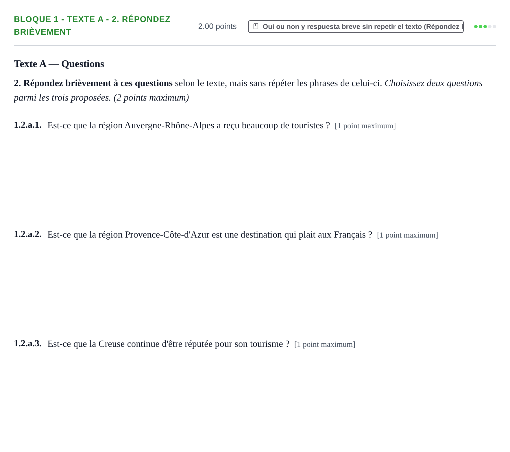 Enunciado: Bloque 1 - Texte A - 2. Répondez brièvement · Francés PAU Extremadura Ordinaria 2022