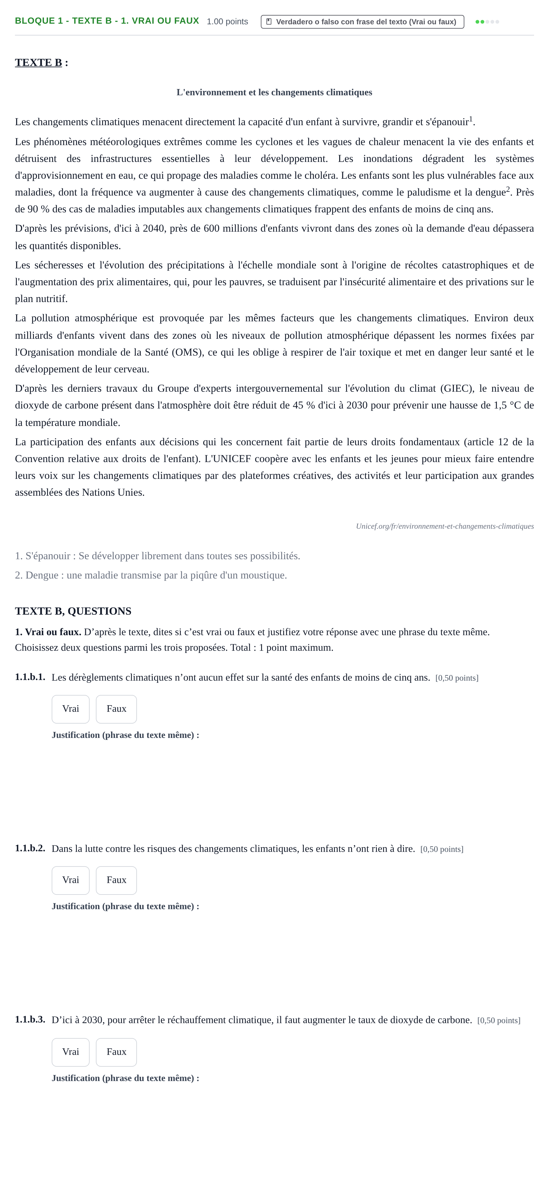 Enunciado: Bloque 1 - Texte B - 1. Vrai ou faux · Francés PAU Extremadura Ordinaria 2022