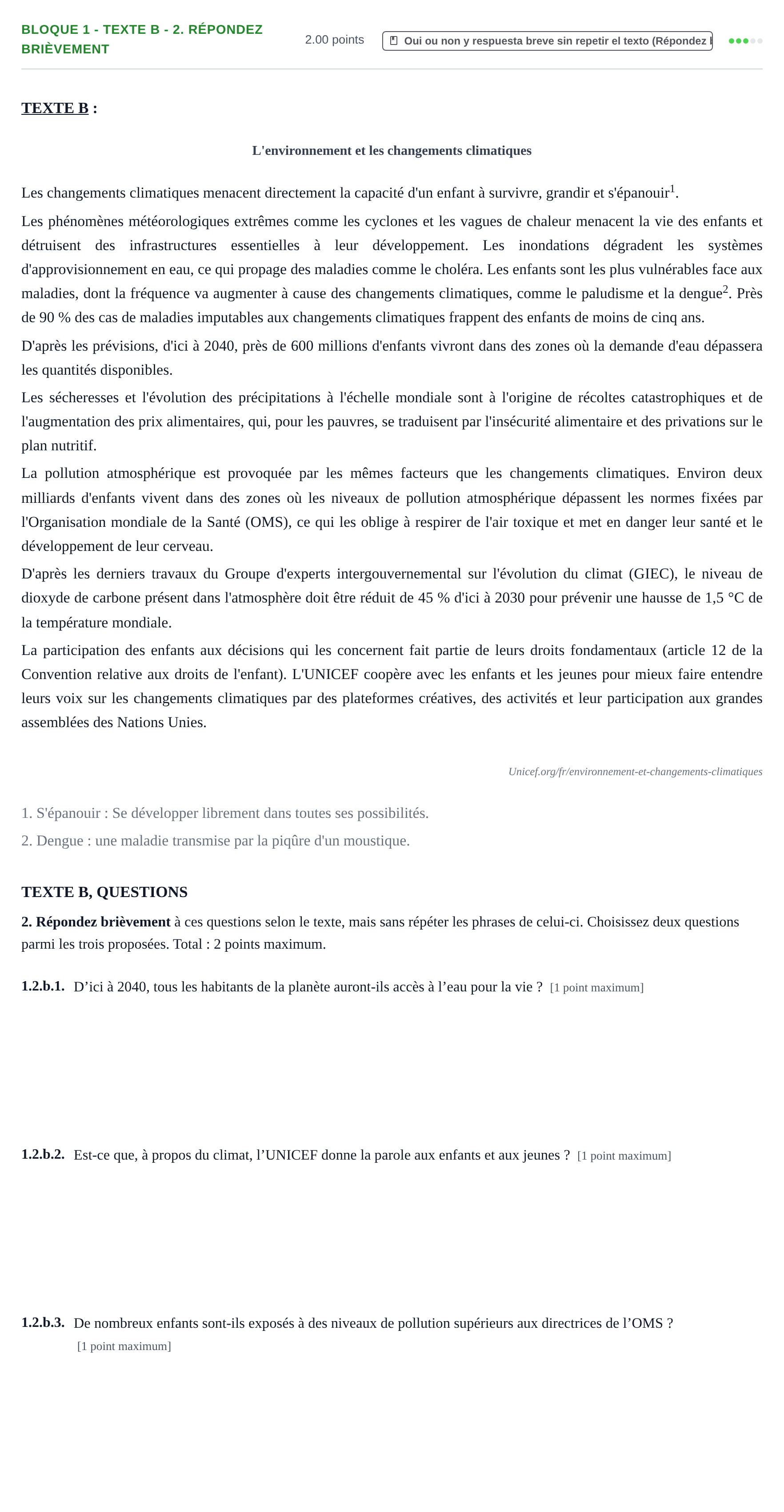 Enunciado: Bloque 1 - Texte B - 2. Répondez brièvement · Francés PAU Extremadura Ordinaria 2022
