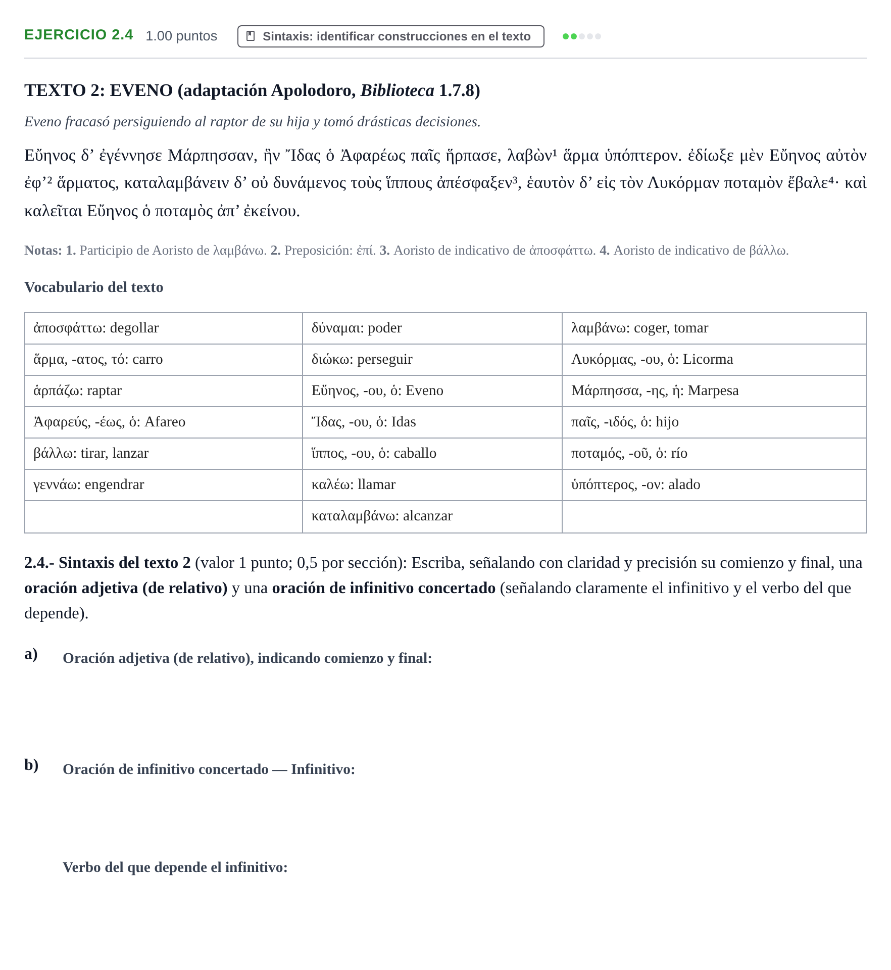 Enunciado: Ejercicio 2.4 · Griego II PAU Extremadura Ordinaria 2022