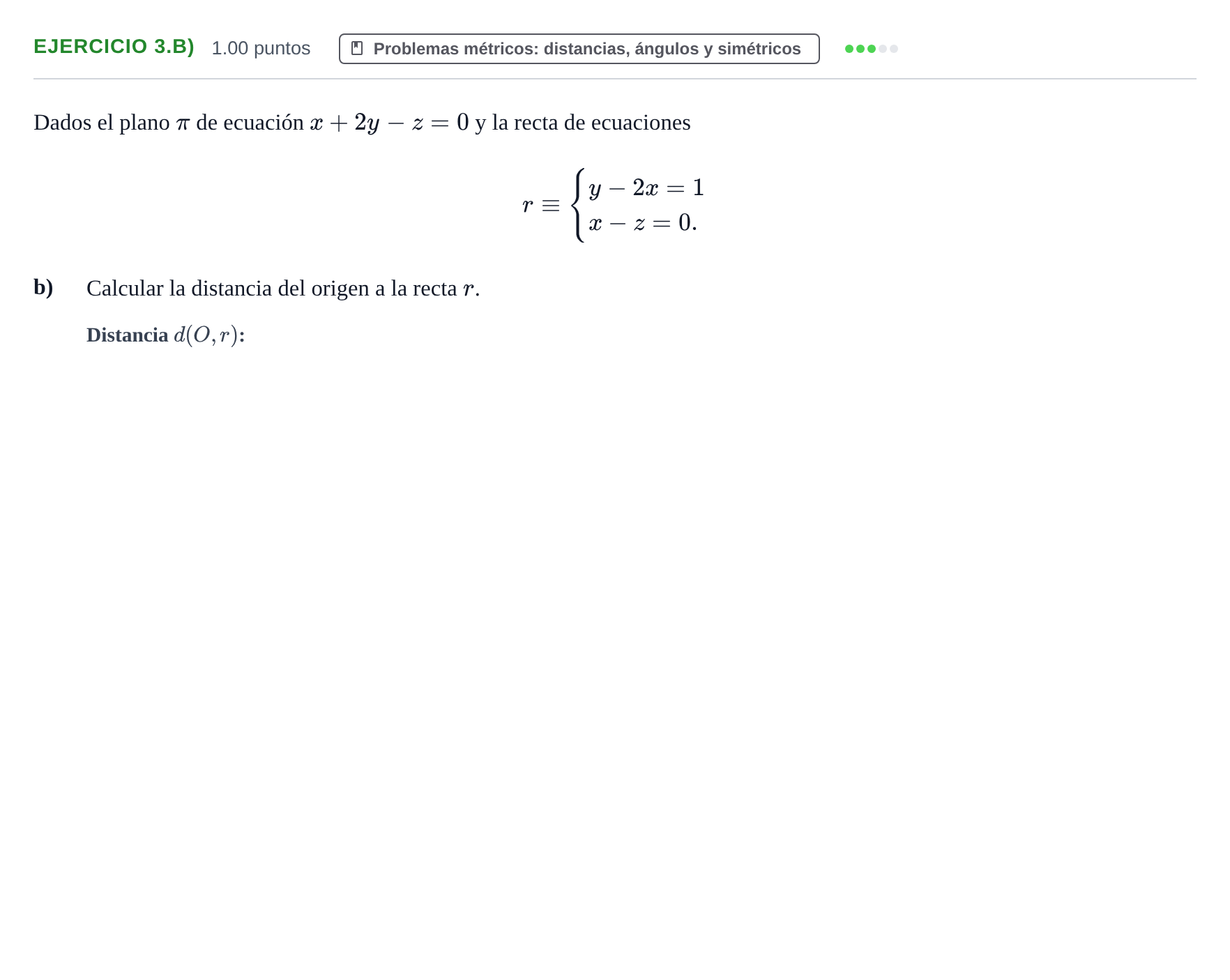 Enunciado: Ejercicio 3.b) - Problemas métricos · Matemáticas II PAU Extremadura Ordinaria 2022