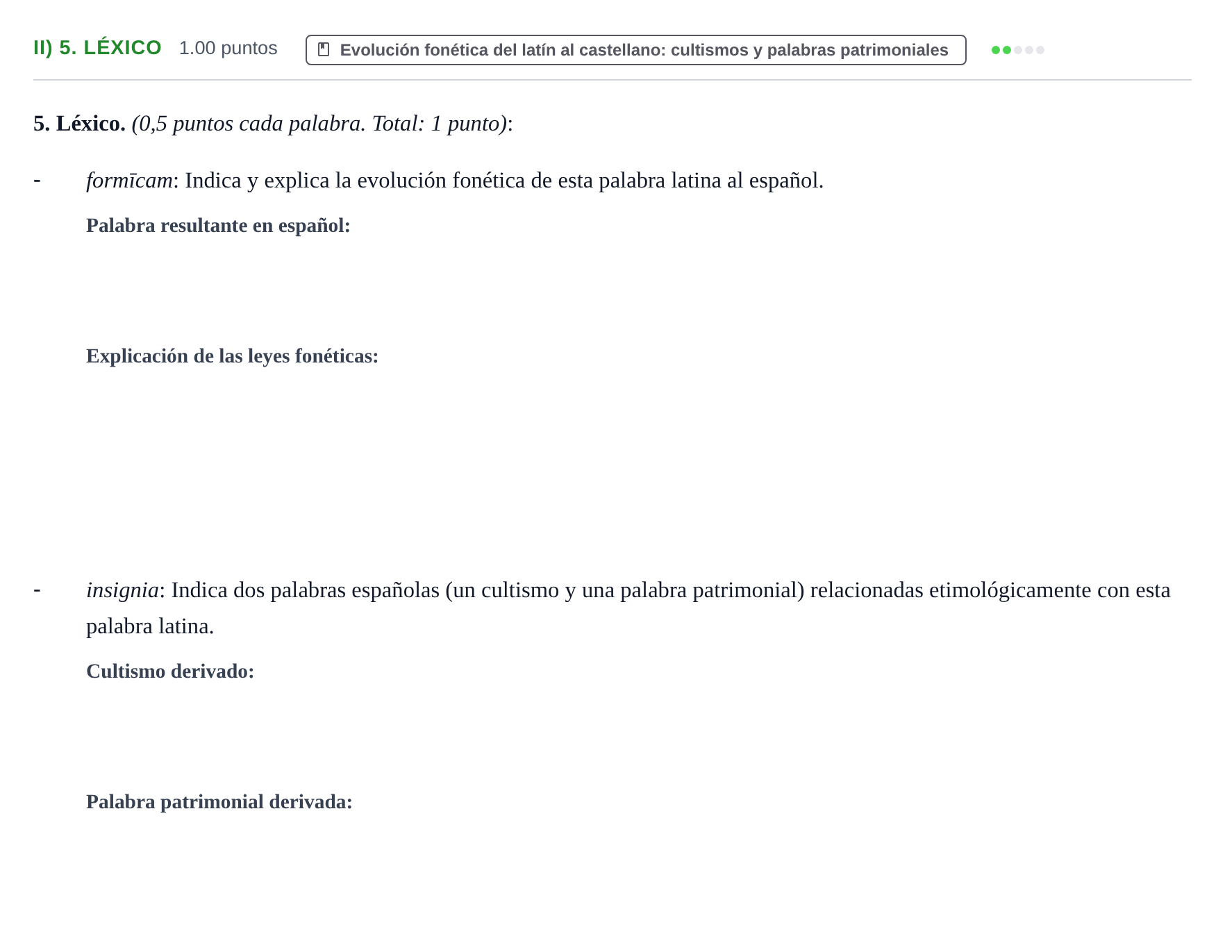 Enunciado: Ejercicio II) 5. Léxico · Latín II PAU Extremadura Ordinaria 2022