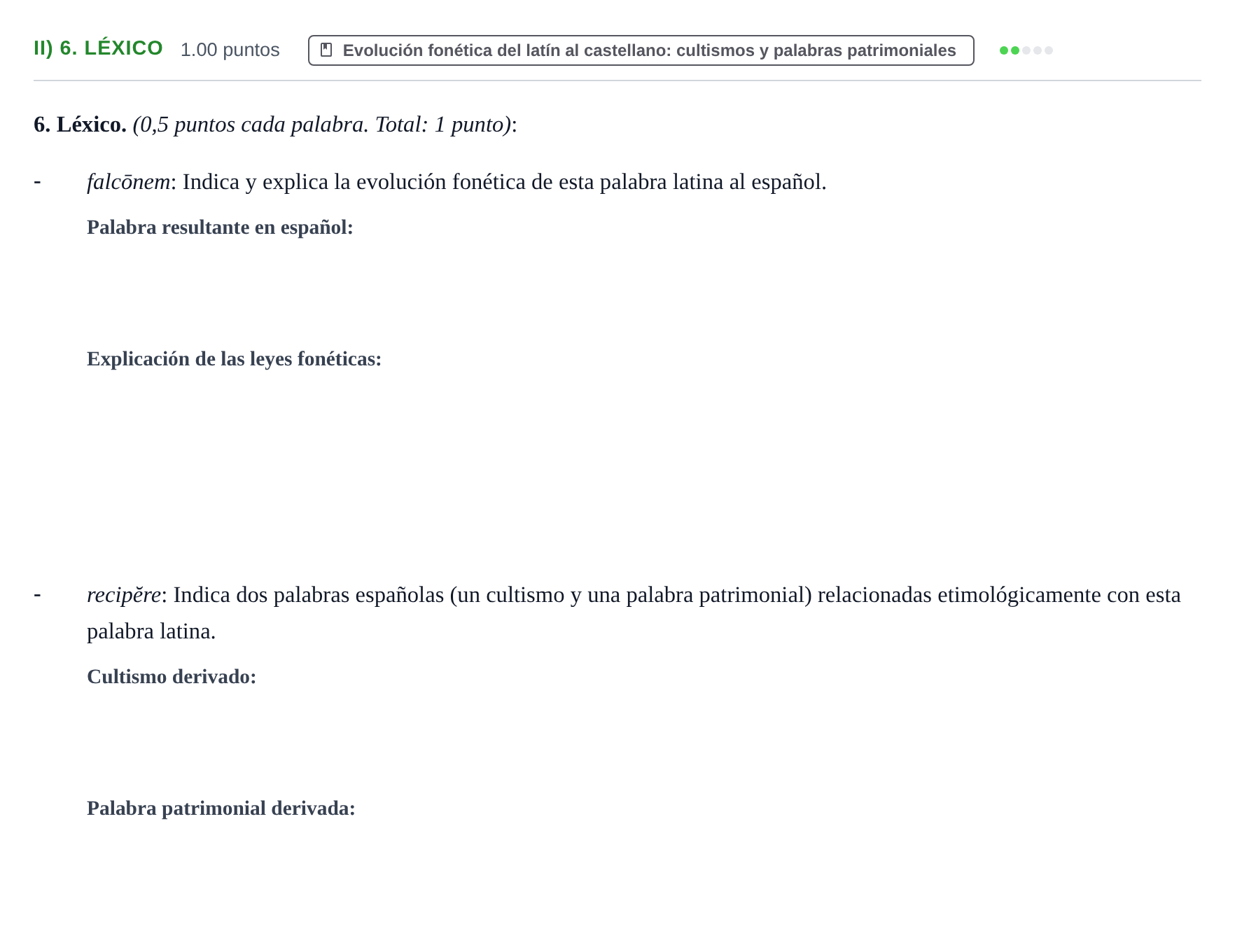 Enunciado: Ejercicio II) 6. Léxico · Latín II PAU Extremadura Ordinaria 2022