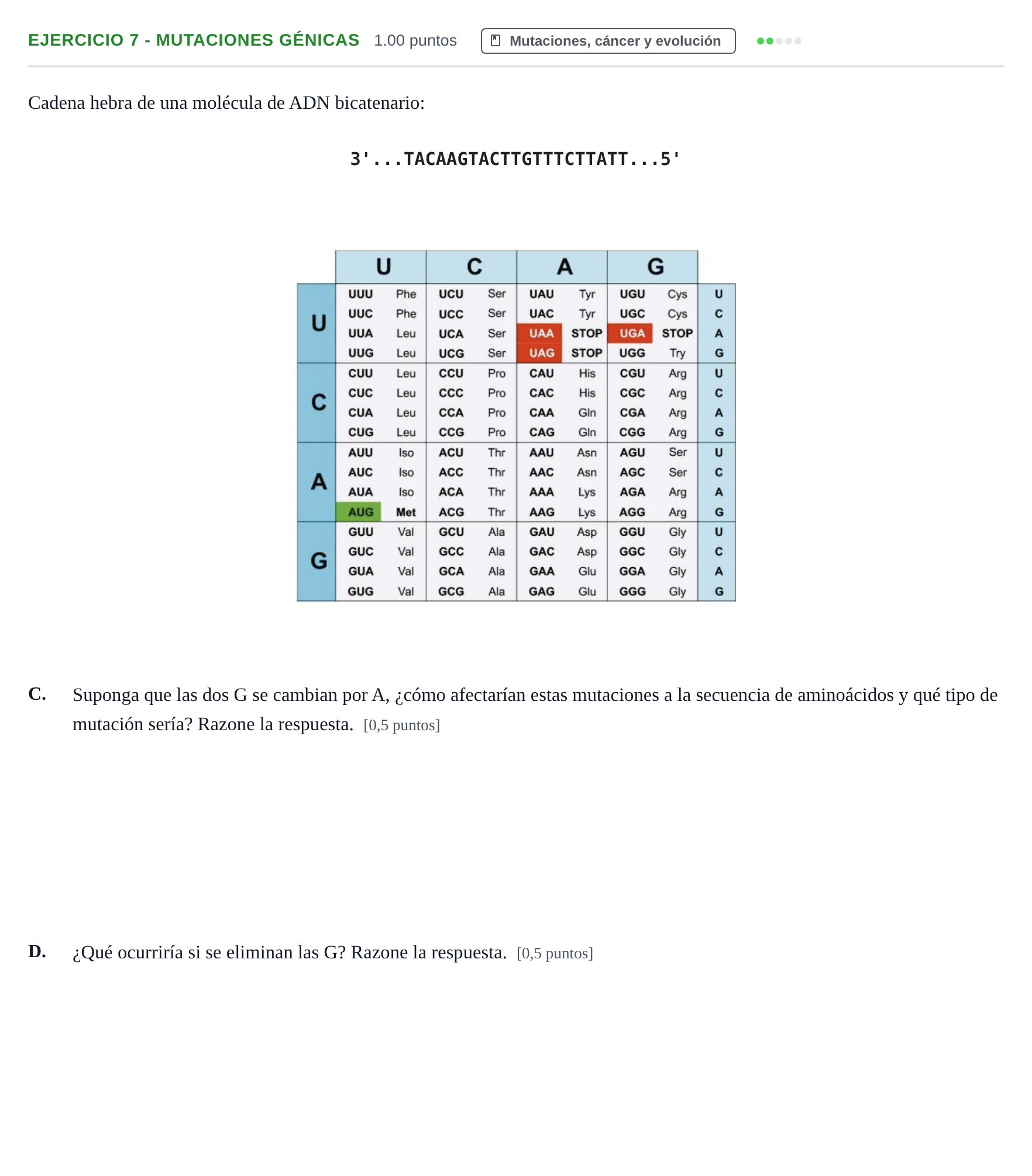Enunciado: Ejercicio 7 - Mutaciones génicas · Biología PAU Extremadura Extraordinaria 2022